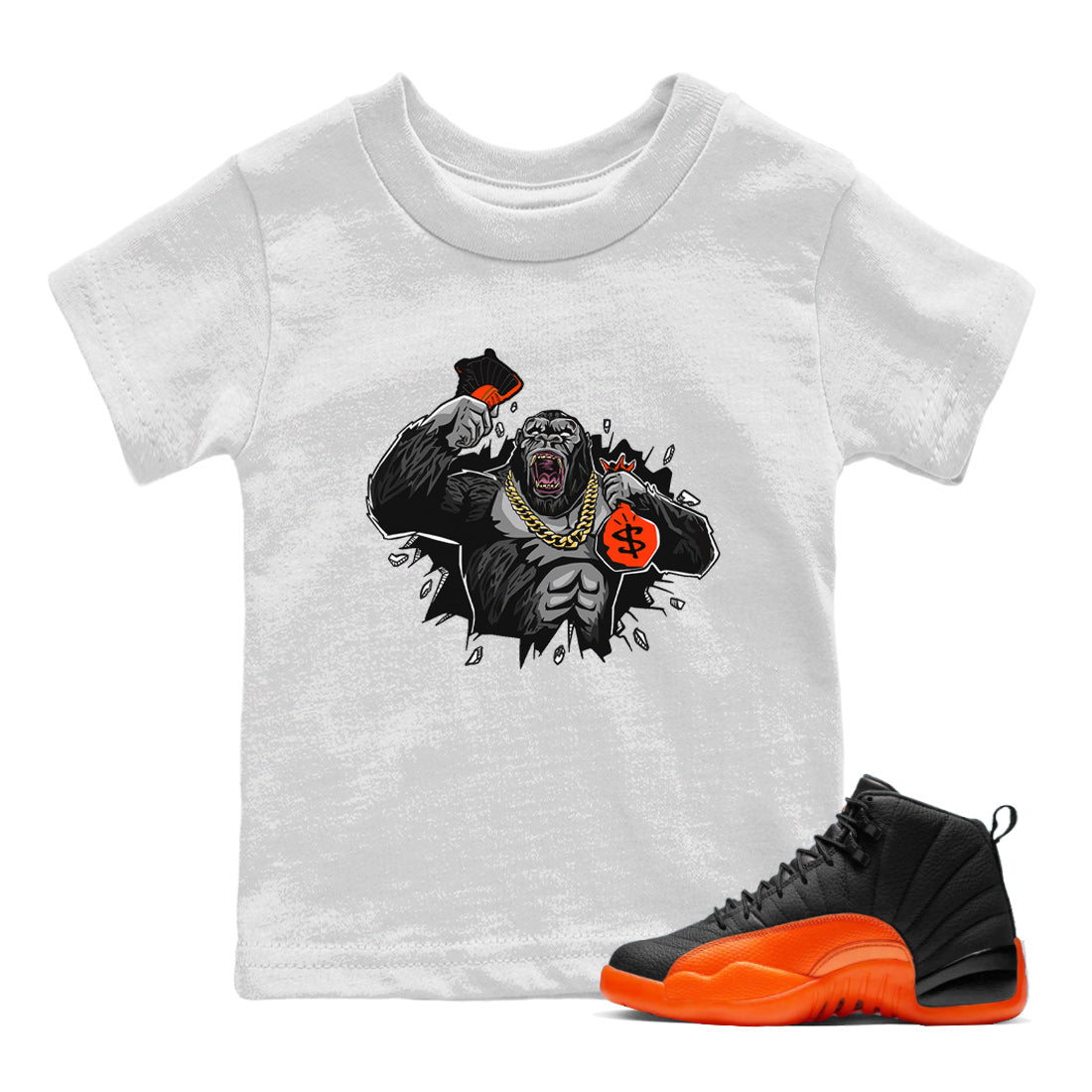 Air Jordan 12 Brilliant Orange Sneaker Match Tees Hustle Gorilla Sneaker Tees AJ12 Brilliant Orange Sneaker Release Tees Kids Shirts White 1