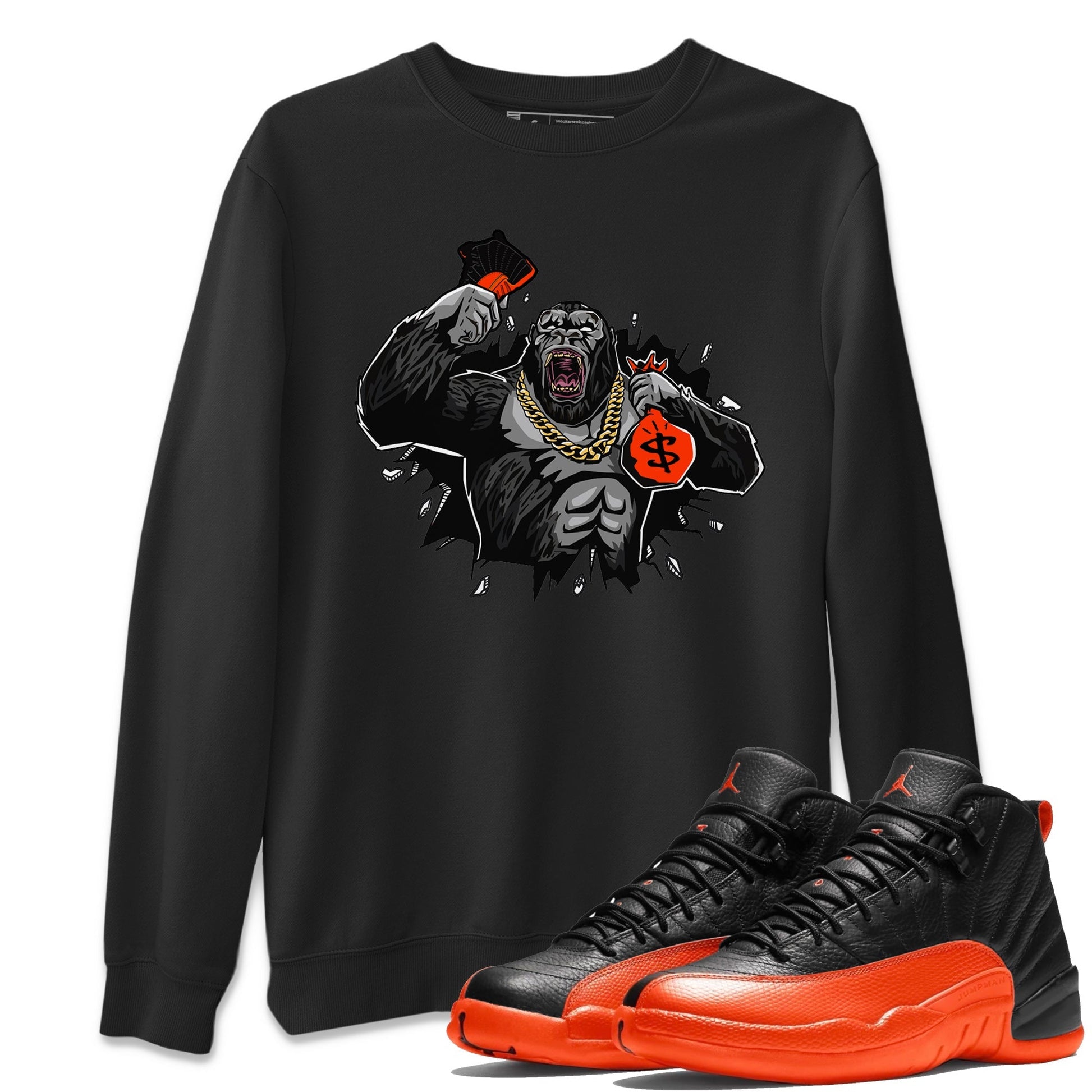 Air Jordan 12 Brilliant Orange Sneaker Match Tees Hustle Gorilla Sneaker Tees AJ12 Brilliant Orange Sneaker Release Tees Unisex Shirts Black 1