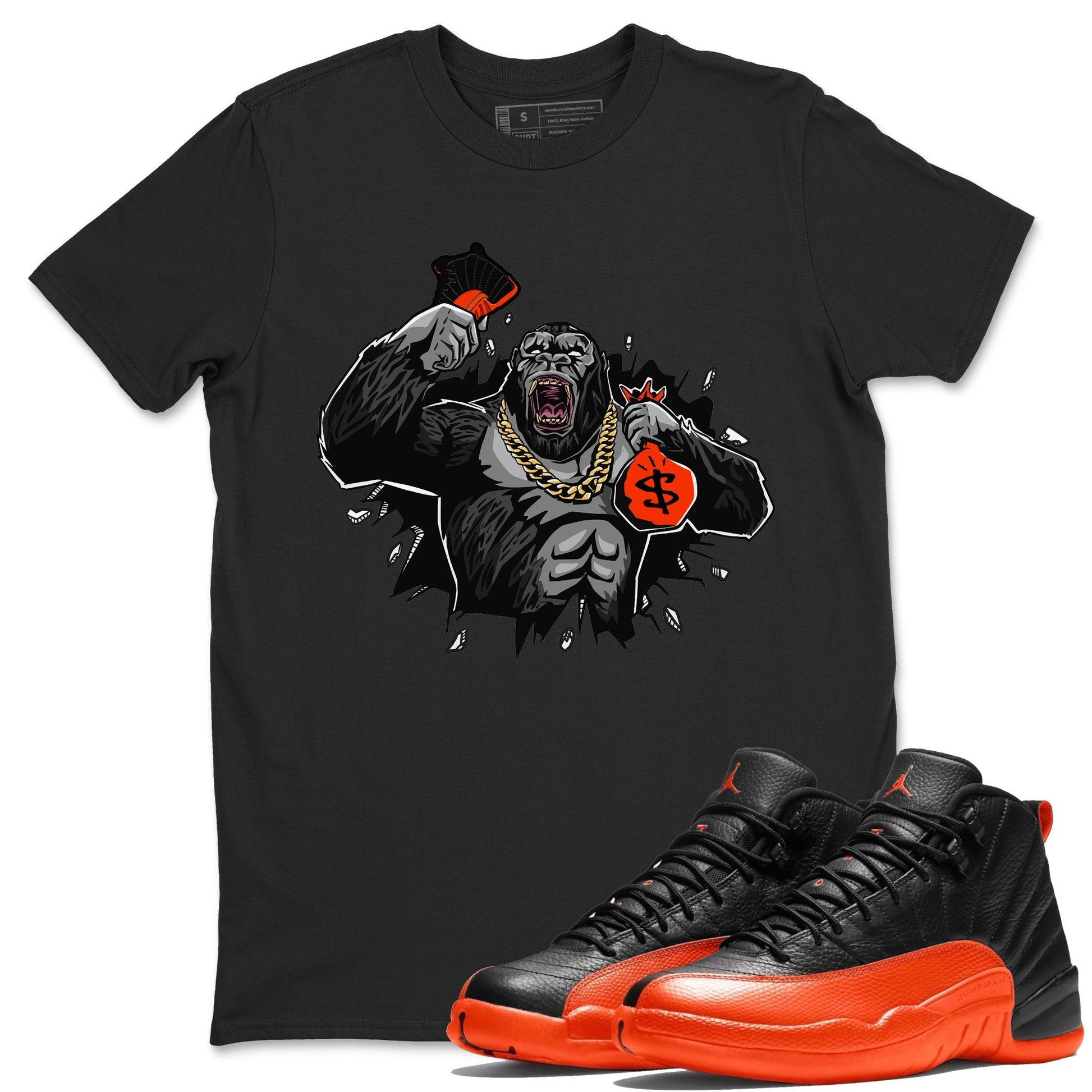 Air Jordan 12 Brilliant Orange Sneaker Match Tees Hustle Gorilla Sneaker Tees AJ12 Brilliant Orange Sneaker Release Tees Unisex Shirts Black 1
