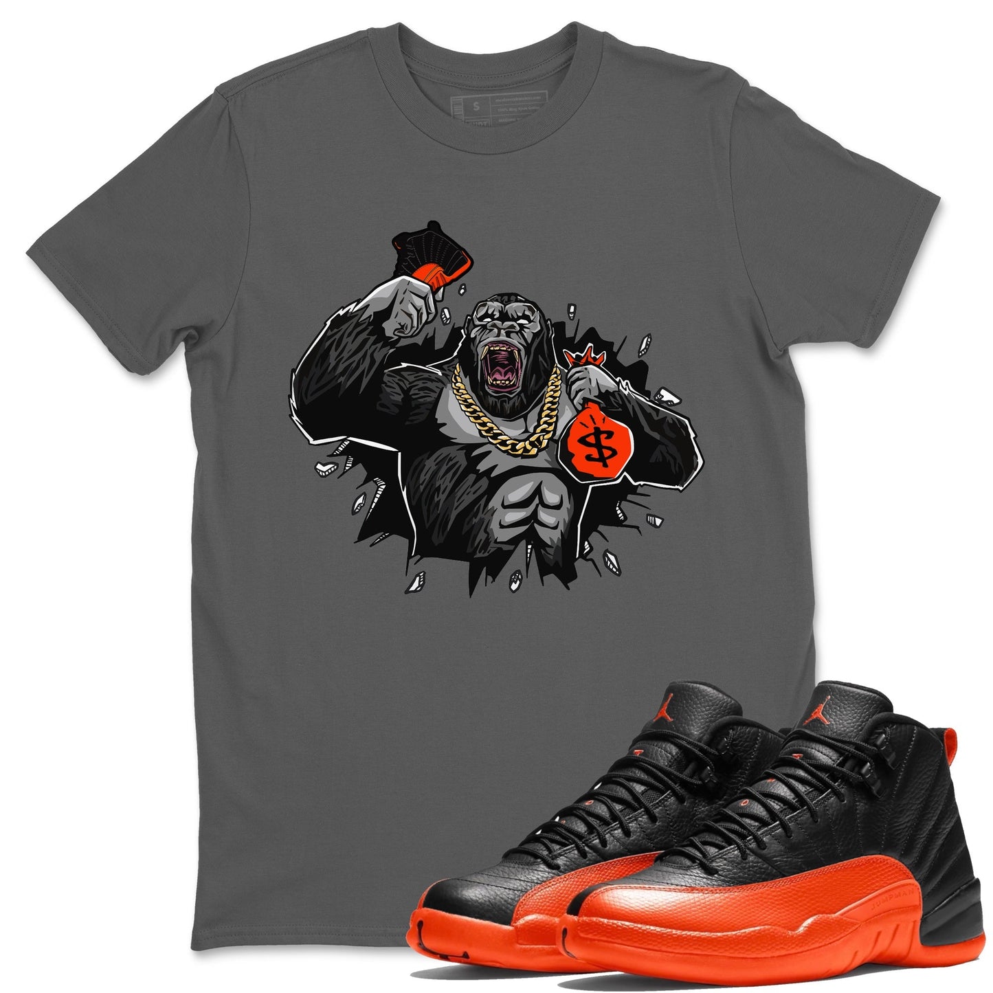 Air Jordan 12 Brilliant Orange Sneaker Match Tees Hustle Gorilla Sneaker Tees AJ12 Brilliant Orange Sneaker Release Tees Unisex Shirts Cool Grey 1