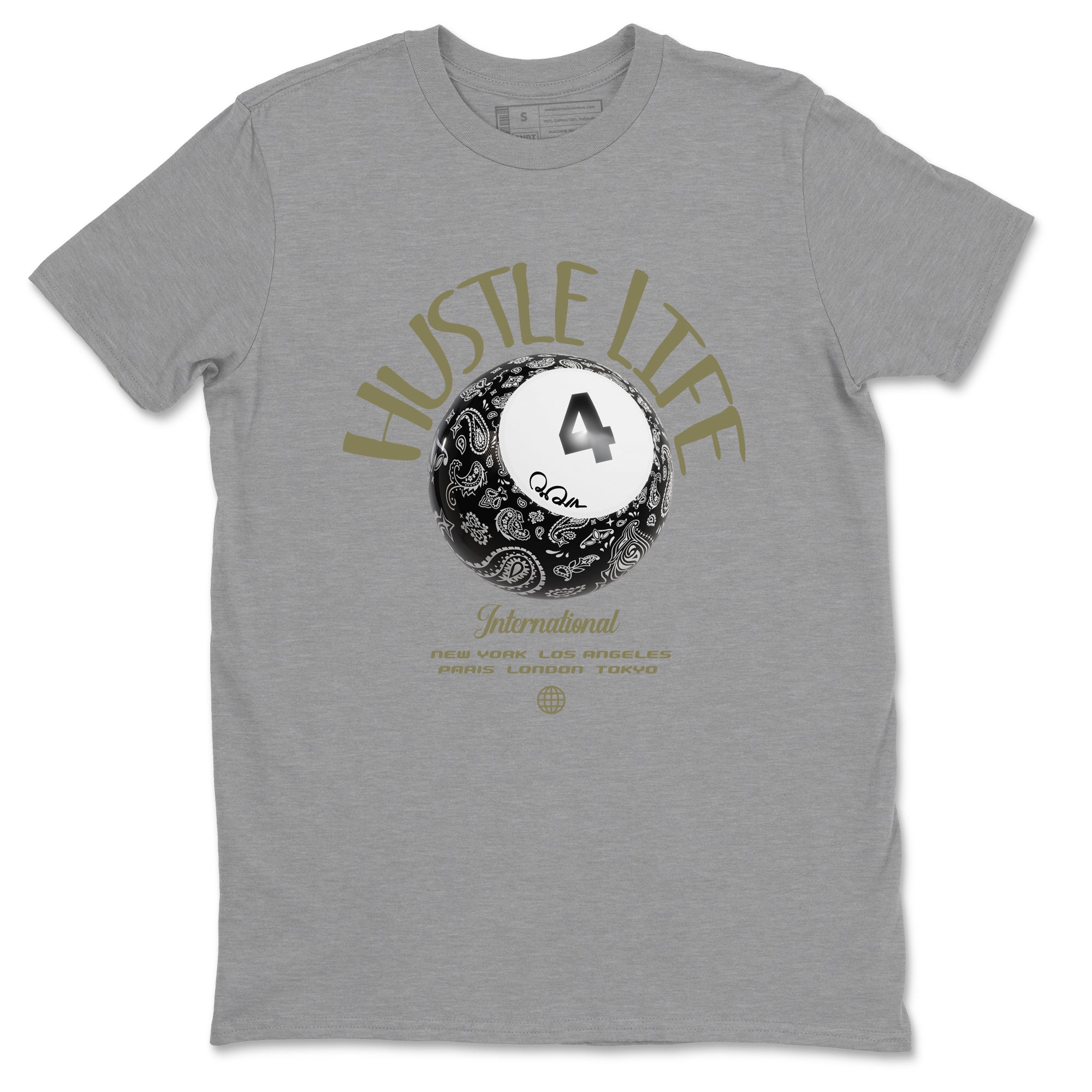 Air Jordan 4 Medium Olive shirt to match jordans streetwear brand Hustle Life sneaker tees AJ4Medium Olive Drip Gear Zone Unisex Heather Grey 2 T-Shirt