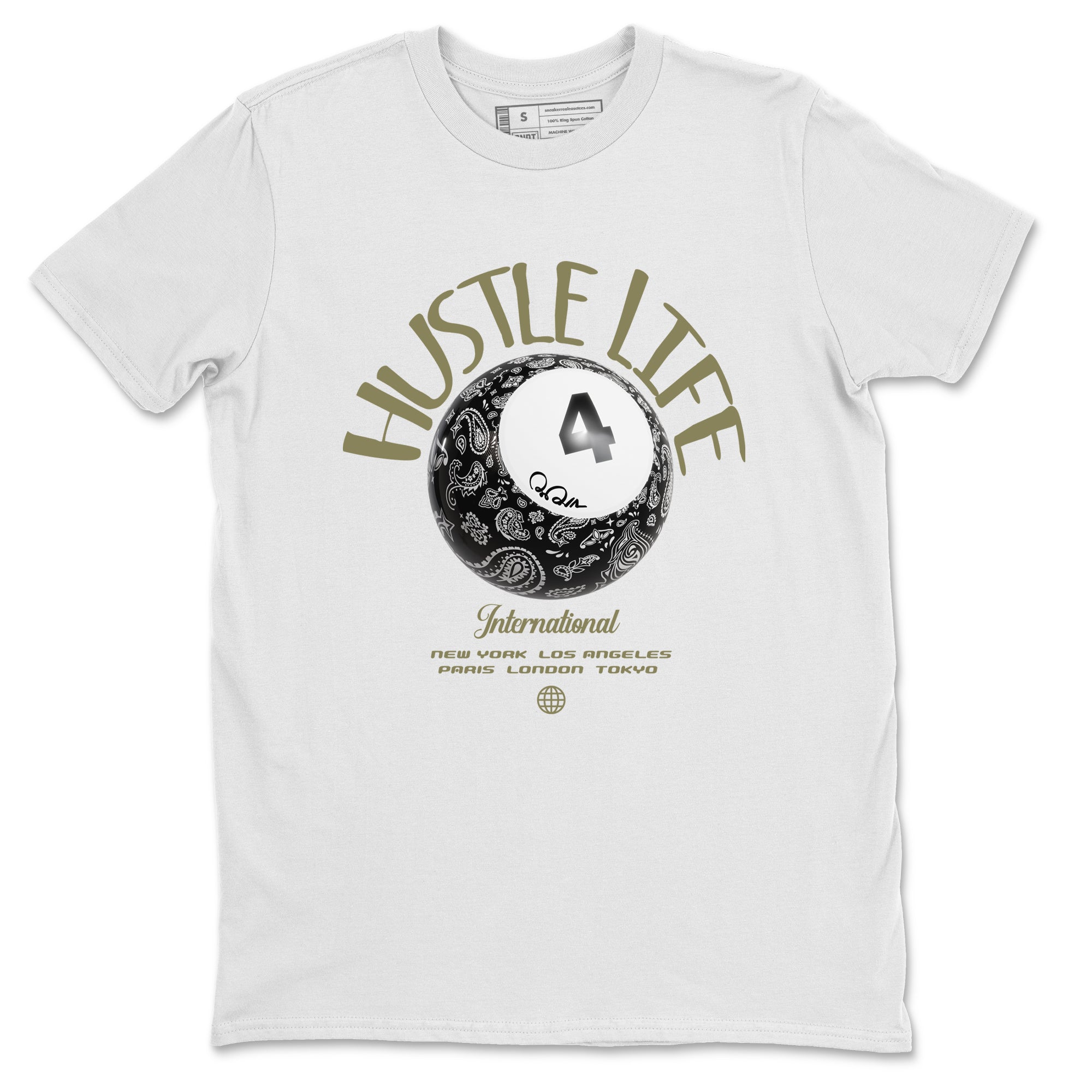 Air Jordan 4 Medium Olive shirt to match jordans streetwear brand Hustle Life sneaker tees AJ4Medium Olive Drip Gear Zone Unisex White 2 T-Shirt