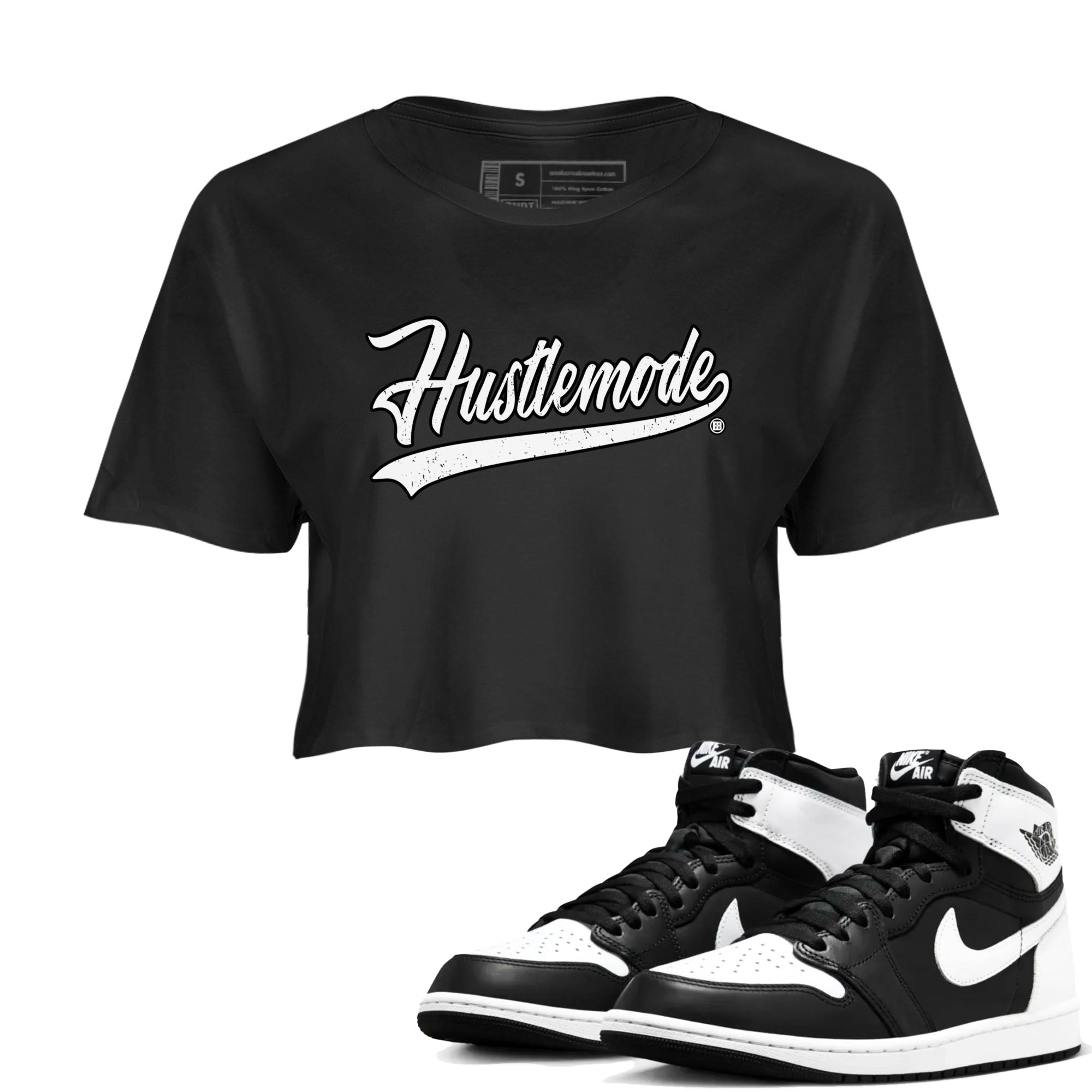 Air Jordan 1 High OG Black White shirt to match jordans streetwear brand Hustle Mode sneaker tees 1s Black White Drip Gear Zone Black 1 crop length shirt
