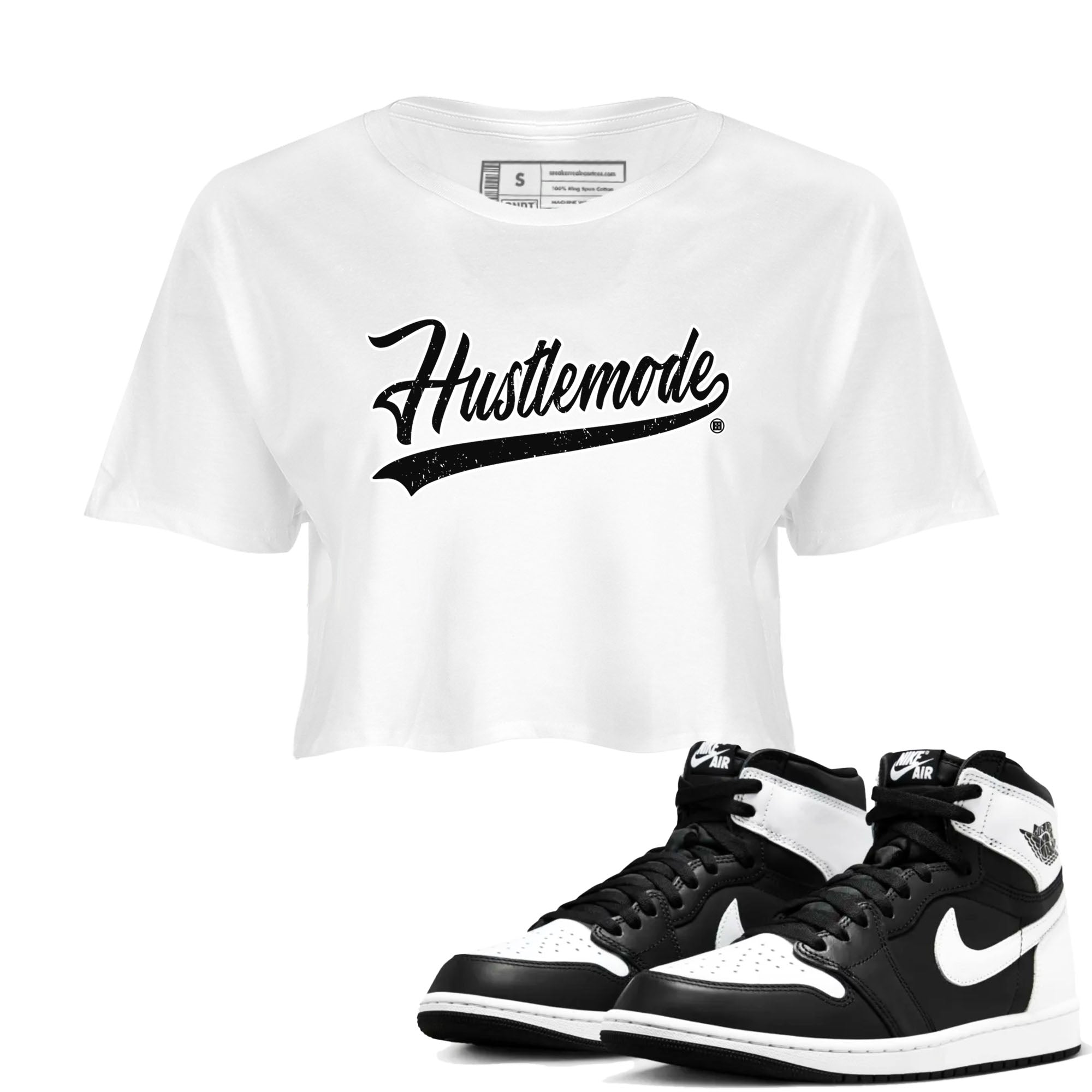 Air Jordan 1 High OG Black White shirt to match jordans streetwear brand Hustle Mode sneaker tees 1s Black White Drip Gear Zone White 1 crop length shirt