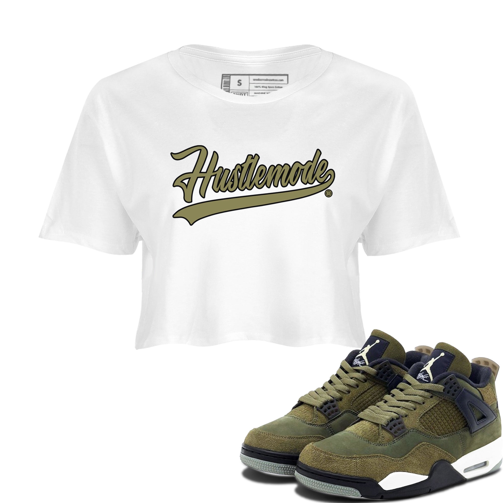 Air Jordan 4 Medium Olive shirt to match jordans streetwear brand Hustle Mode sneaker tees Jordan 4 Retro Medium Olive Drip Gear Zone Sneaker Matching Clothing Brand White 1 Crop T-Shirt