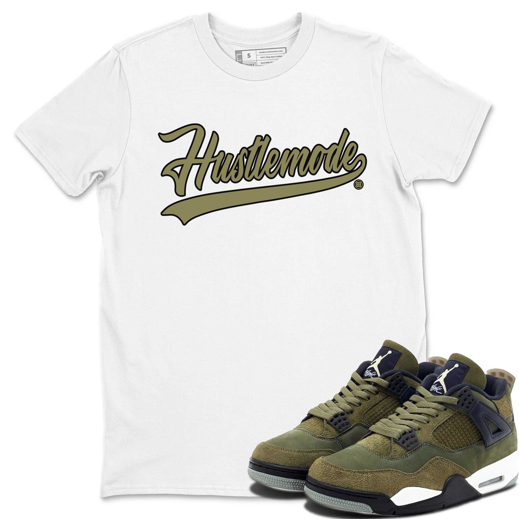 Air Jordan 4 Medium Olive shirt to match jordans streetwear brand Hustle Mode sneaker tees Jordan 4 Retro Medium Olive Drip Gear Zone Sneaker Matching Clothing Brand Unisex Sneaker Tee White 1 T-Shirt