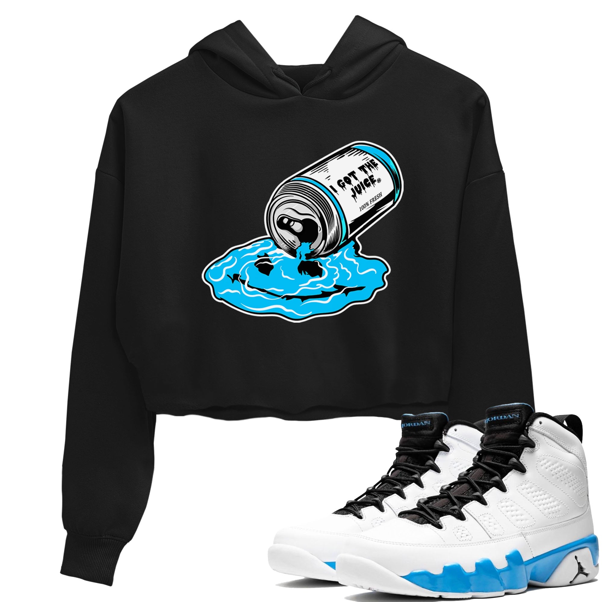 9s Powder Blue shirt to match jordans I Got The Juice sneaker tees Air Jordan 9 Powder Blue Drip Gear Zone Black 1 crop length shirt