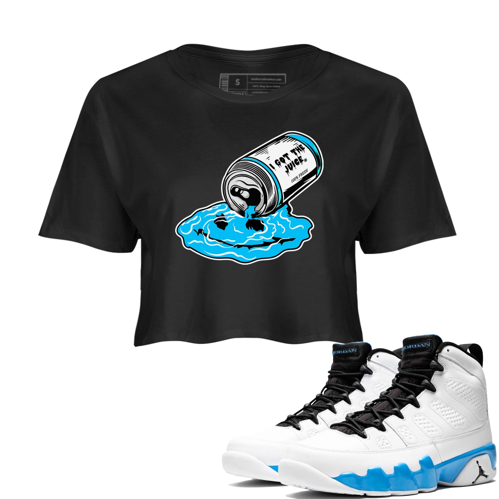 9s Powder Blue shirt to match jordans I Got The Juice sneaker tees Air Jordan 9 Powder Blue Drip Gear Zone Black 1 crop length shirt