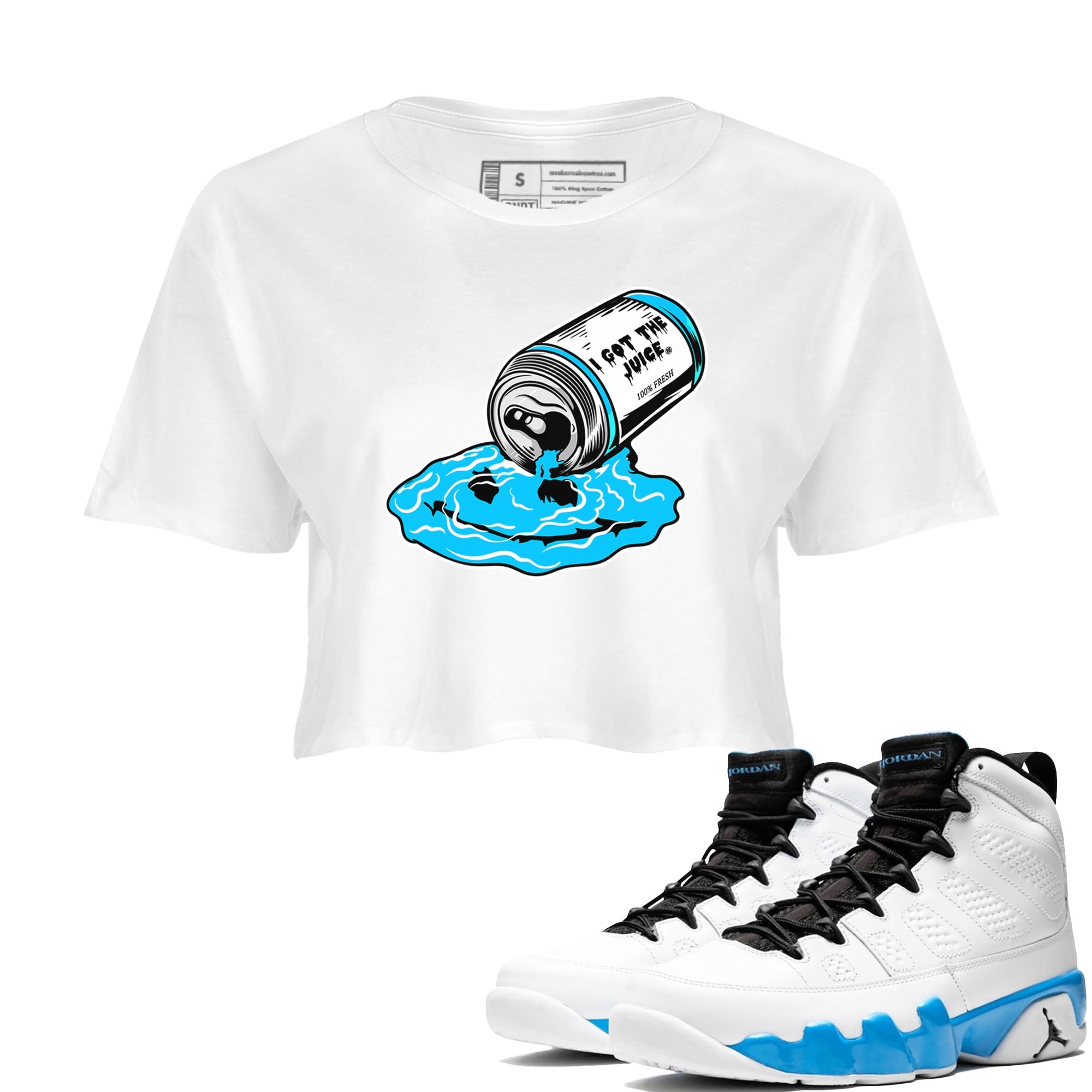 9s Powder Blue shirt to match jordans I Got The Juice sneaker tees Air Jordan 9 Powder Blue Drip Gear Zone White 1 crop length shirt