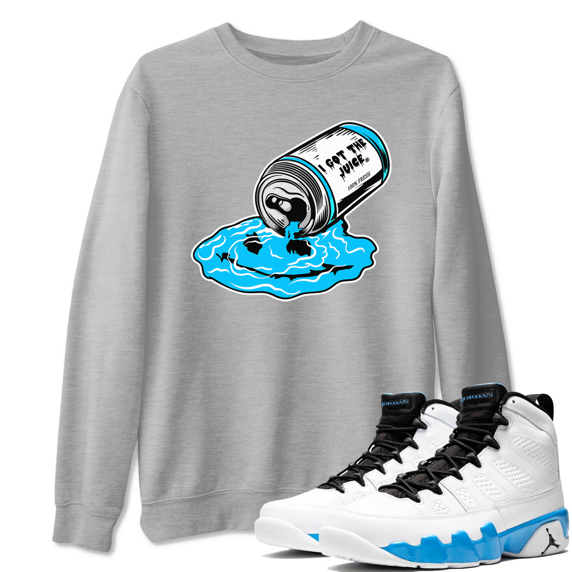 9s Powder Blue shirt to match jordans I Got The Juice sneaker tees Air Jordan 9 Powder Blue Drip Gear Zone unisex cotton Heather Grey 1 crew neck shirt