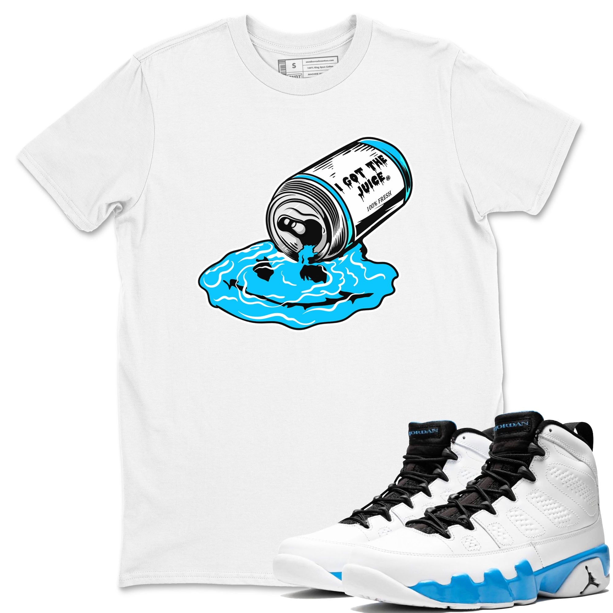 9s Powder Blue shirt to match jordans I Got The Juice sneaker tees Air Jordan 9 Powder Blue Drip Gear Zone unisex cotton White 1 crew neck shirt