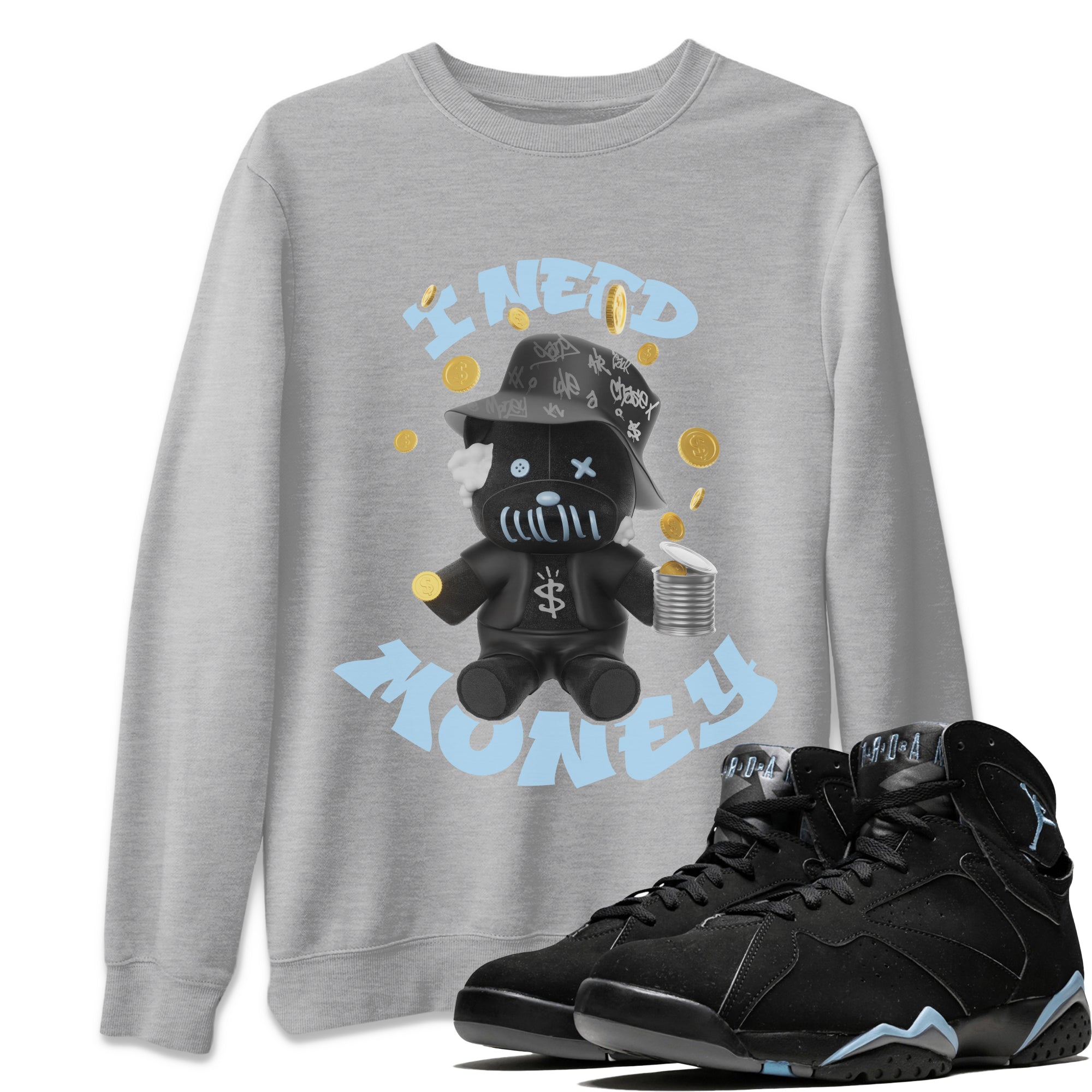 Air Jordan 7 Chambray shirt to match jordans I Need Money Streetwear Sneaker Shirt AJ7 Chambray Drip Gear Zone Sneaker Matching Clothing Unisex Heather Grey 1 T-Shirt