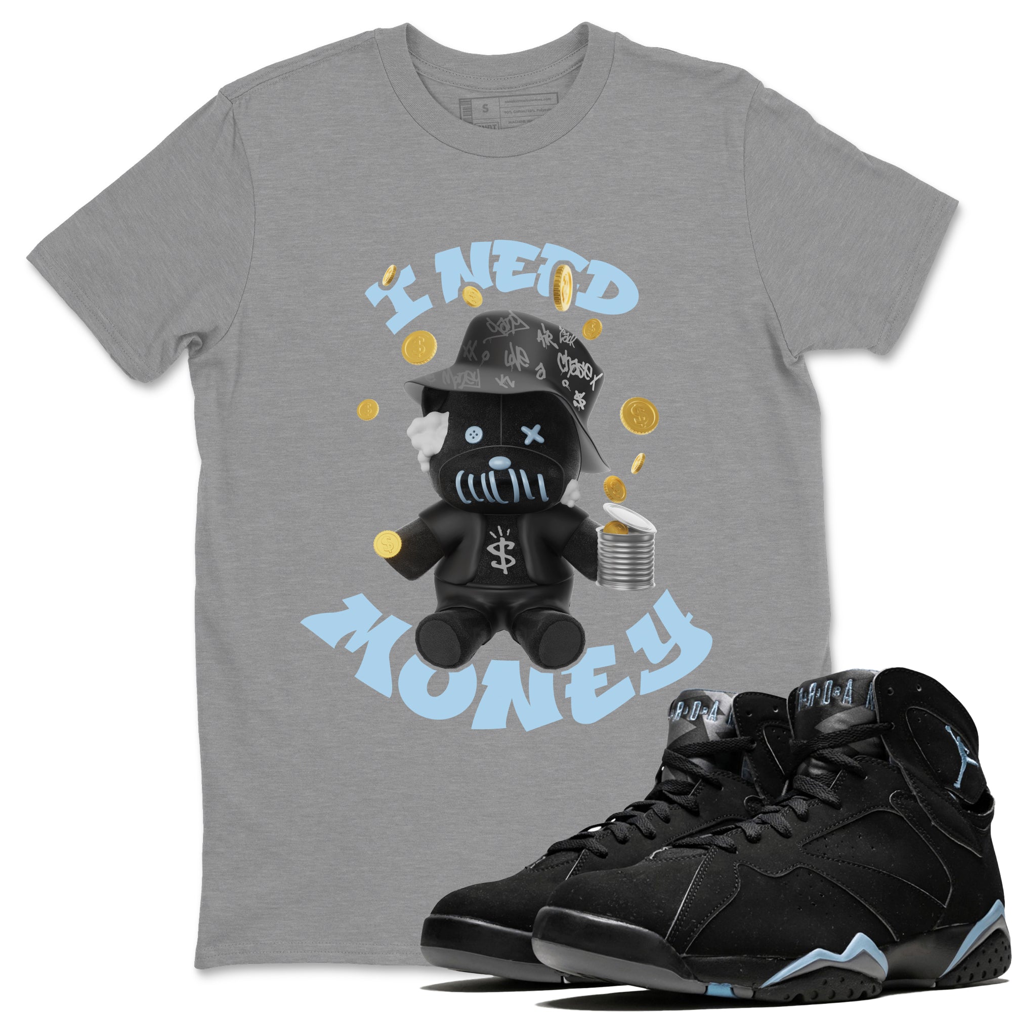 Air Jordan 7 Chambray shirt to match jordans I Need Money Streetwear Sneaker Shirt AJ7 Chambray Drip Gear Zone Sneaker Matching Clothing Unisex Heather Grey 1 T-Shirt