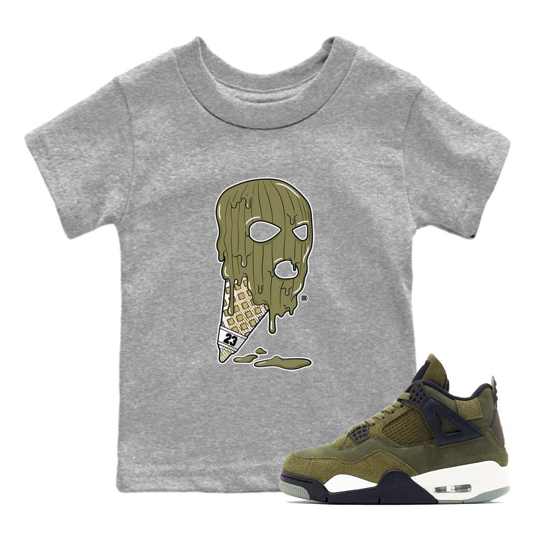 Air Jordan 4 Medium Olive shirt to match jordans streetwear brand Ice Cream Mask sneaker match tees 4s Olive Drip Gear Zone Baby Toddler Heather Grey 1 T-Shirt