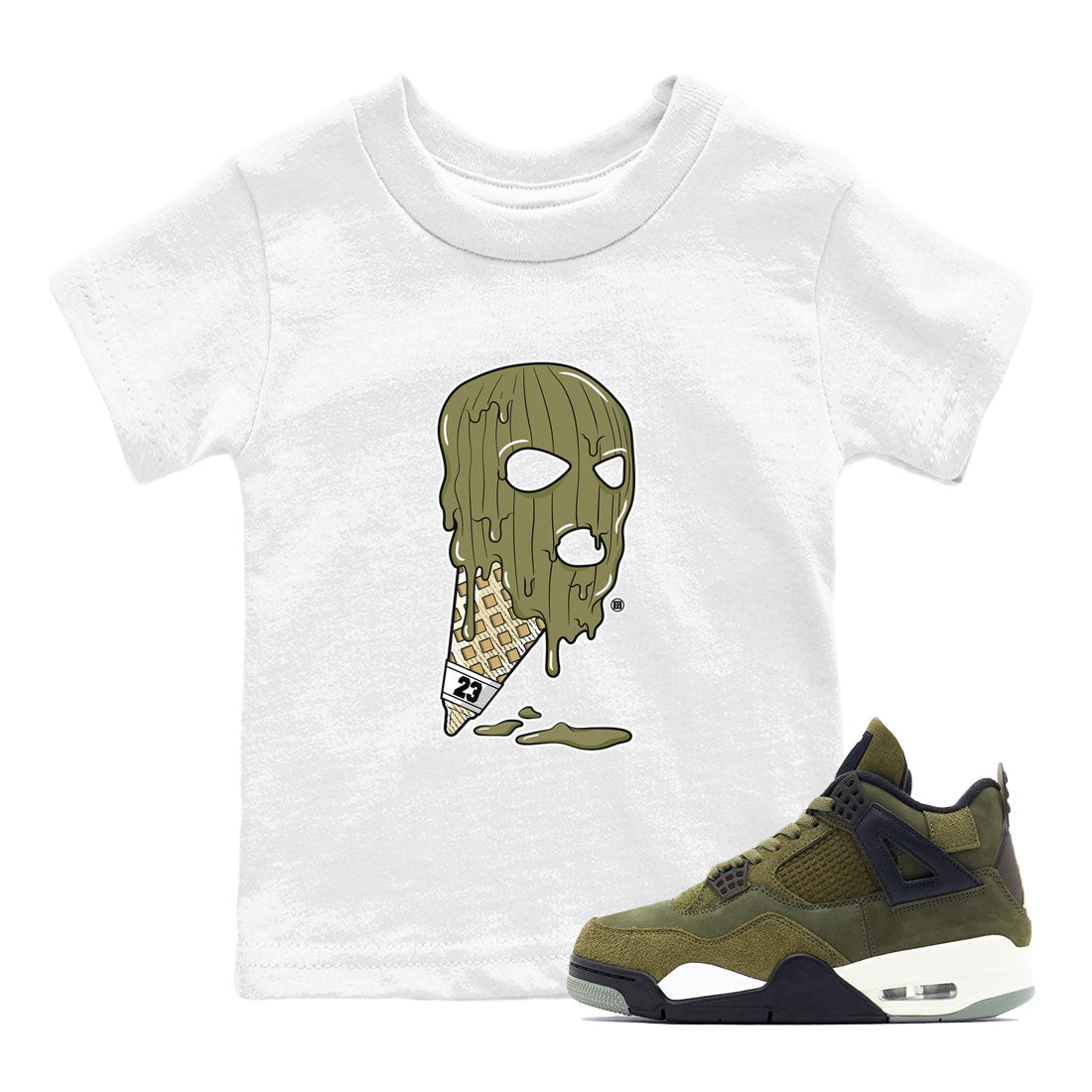 Air Jordan 4 Medium Olive shirt to match jordans streetwear brand Ice Cream Mask sneaker match tees 4s Olive Drip Gear Zone Baby Toddler White 1 T-Shirt