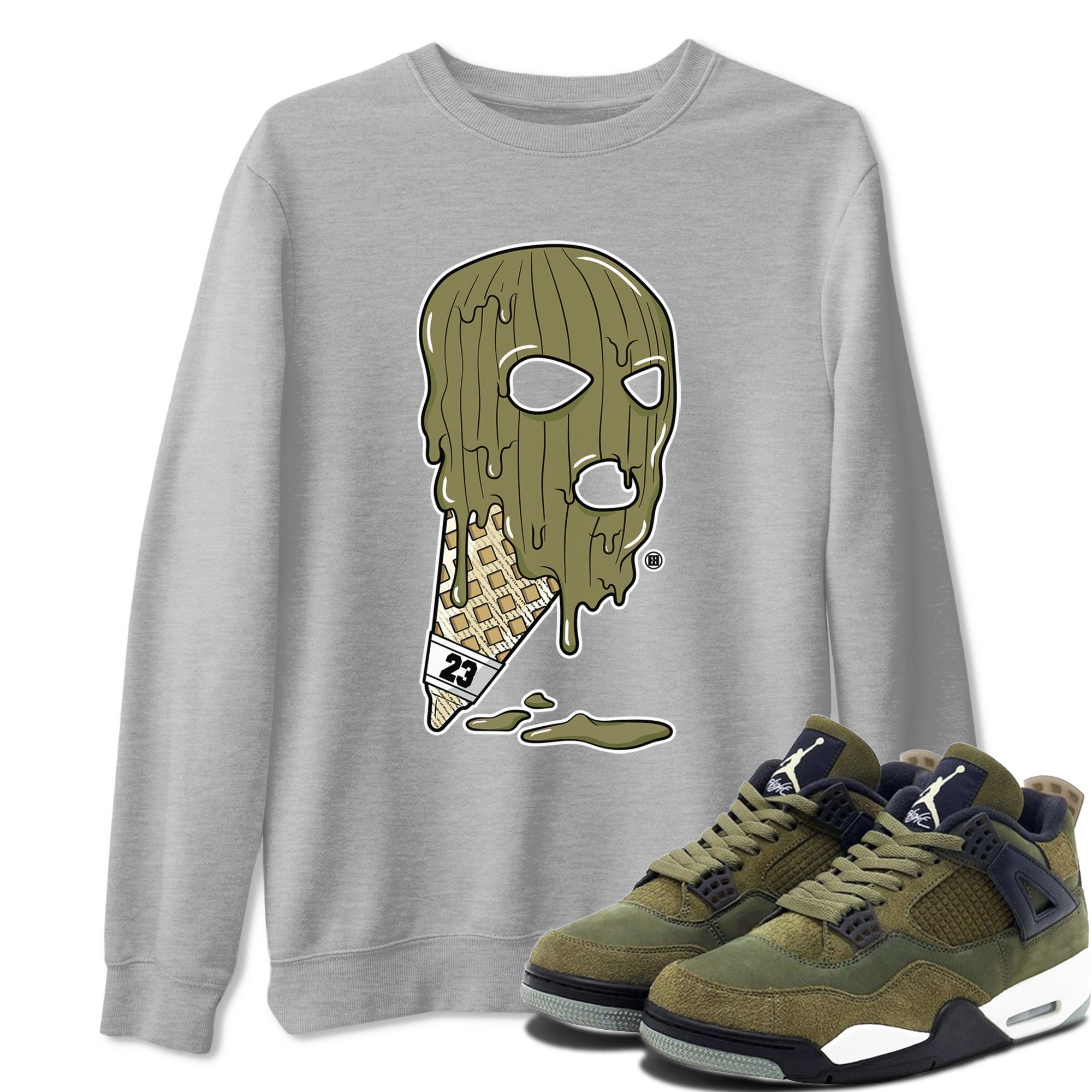 Air Jordan 4 Medium Olive shirt to match jordans streetwear brand Ice Cream Mask sneaker match tees 4s Olive Drip Gear Zone Unisex Heather Grey 1 T-Shirt