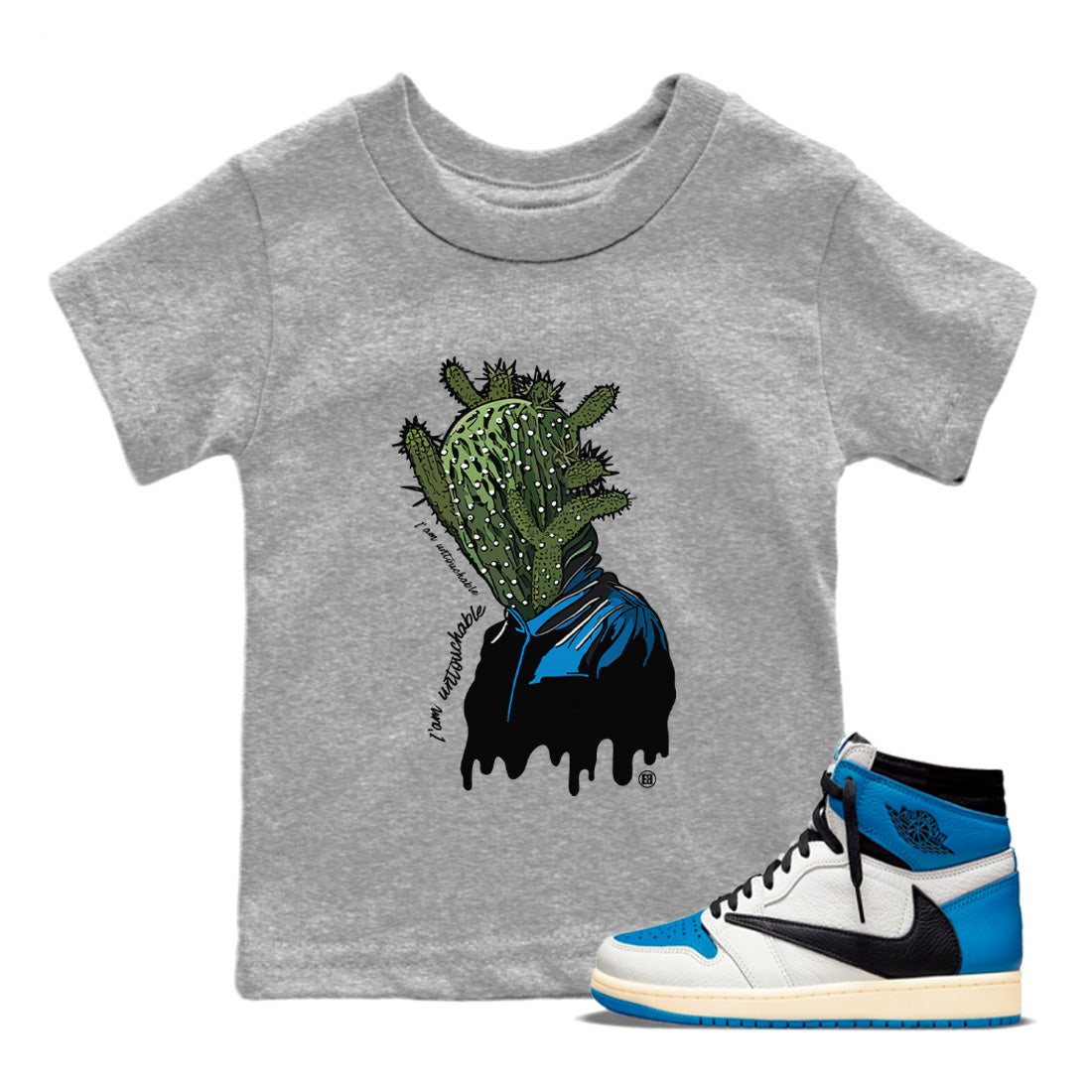 Air Jordan 1 Travis Scott Fragment Sneaker Match Tees I'm Untouchable Streetwear Sneaker Shirt Air Jordan 1 High OG x Travis Scott x Fragment Sneaker Release Tees Kids Shirts Heather Grey 1