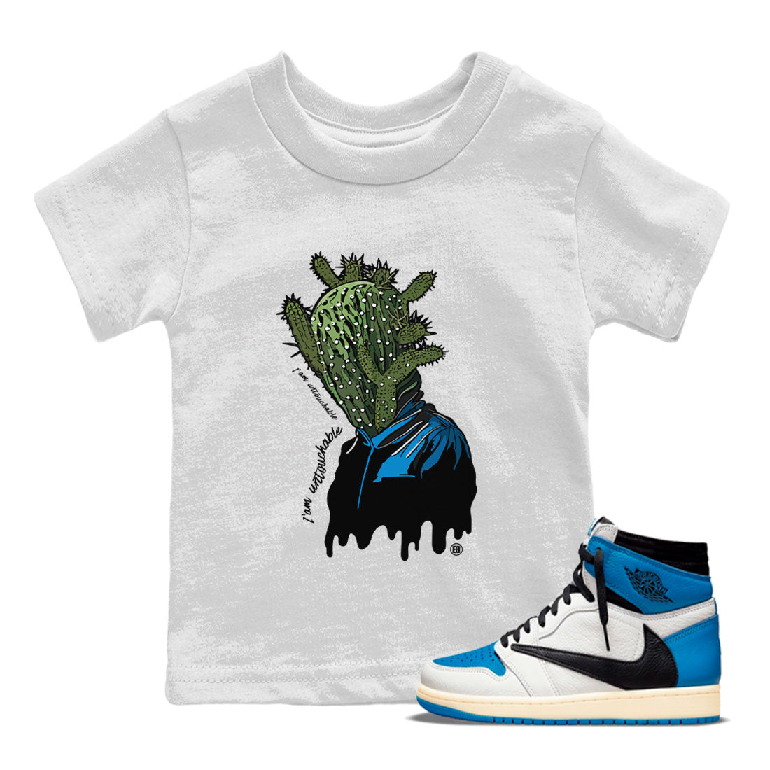 Air Jordan 1 Travis Scott Fragment Sneaker Match Tees I'm Untouchable Streetwear Sneaker Shirt Air Jordan 1 High OG x Travis Scott x Fragment Sneaker Release Tees Kids Shirts White 1
