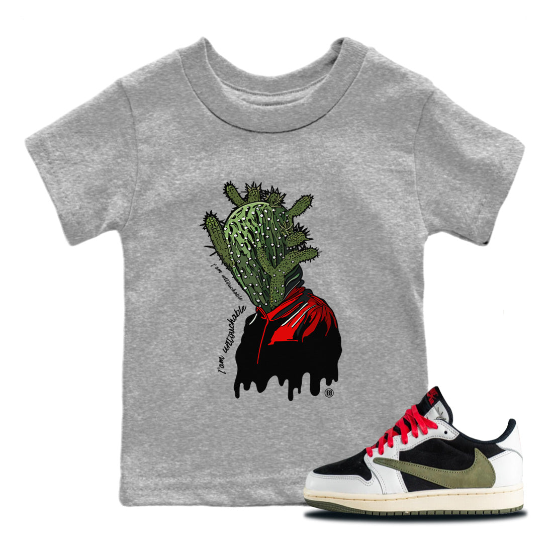 Air Jordan 1 Travis Scott Olive Sneaker Match Tees I'm Untouchable Streetwear Sneaker Shirt Air Jordan 1 x Travis Scott x Olive Sneaker Release Tees Kids Shirts Heather Grey 1