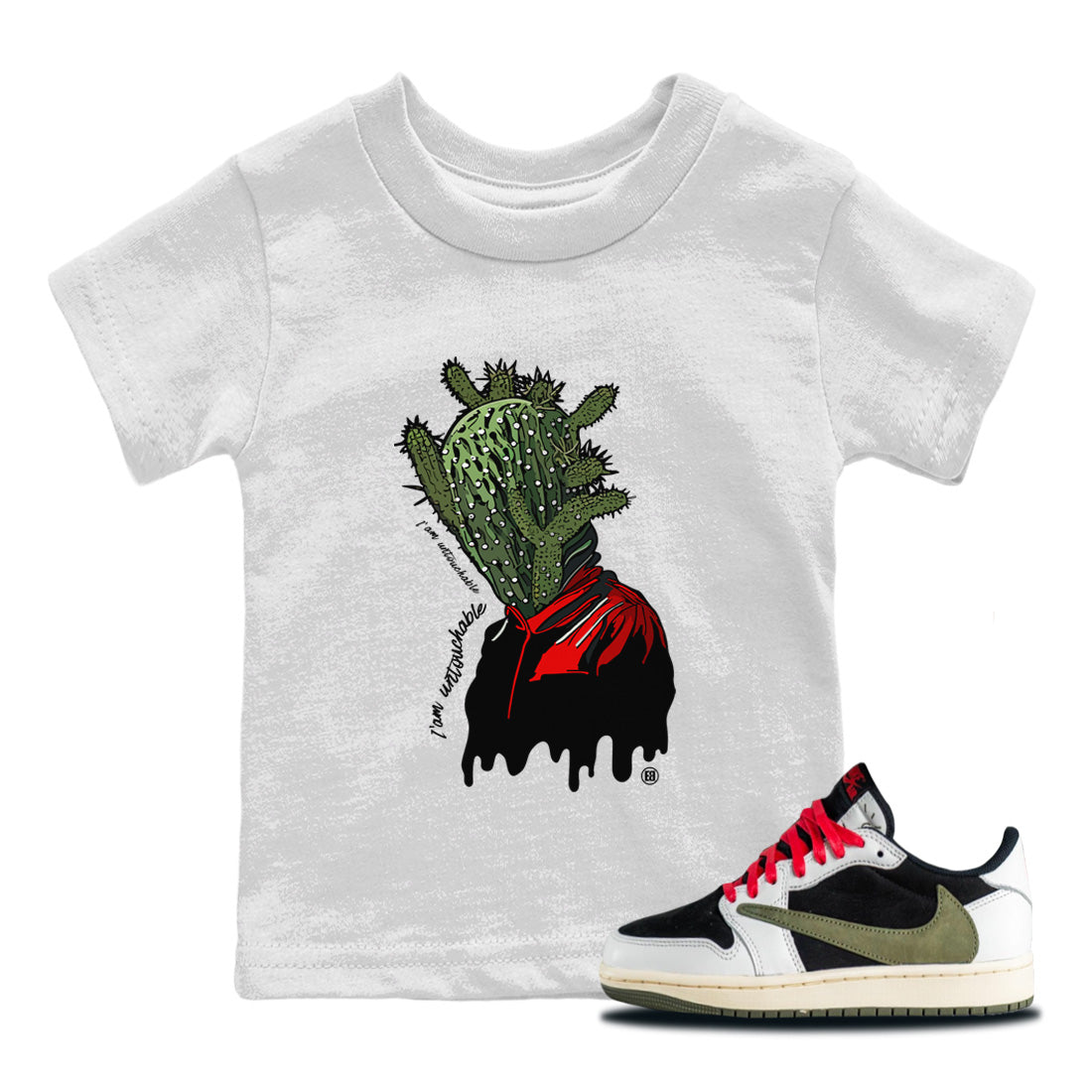 Air Jordan 1 Travis Scott Olive Sneaker Match Tees I'm Untouchable Streetwear Sneaker Shirt Air Jordan 1 x Travis Scott x Olive Sneaker Release Tees Kids Shirts White 1