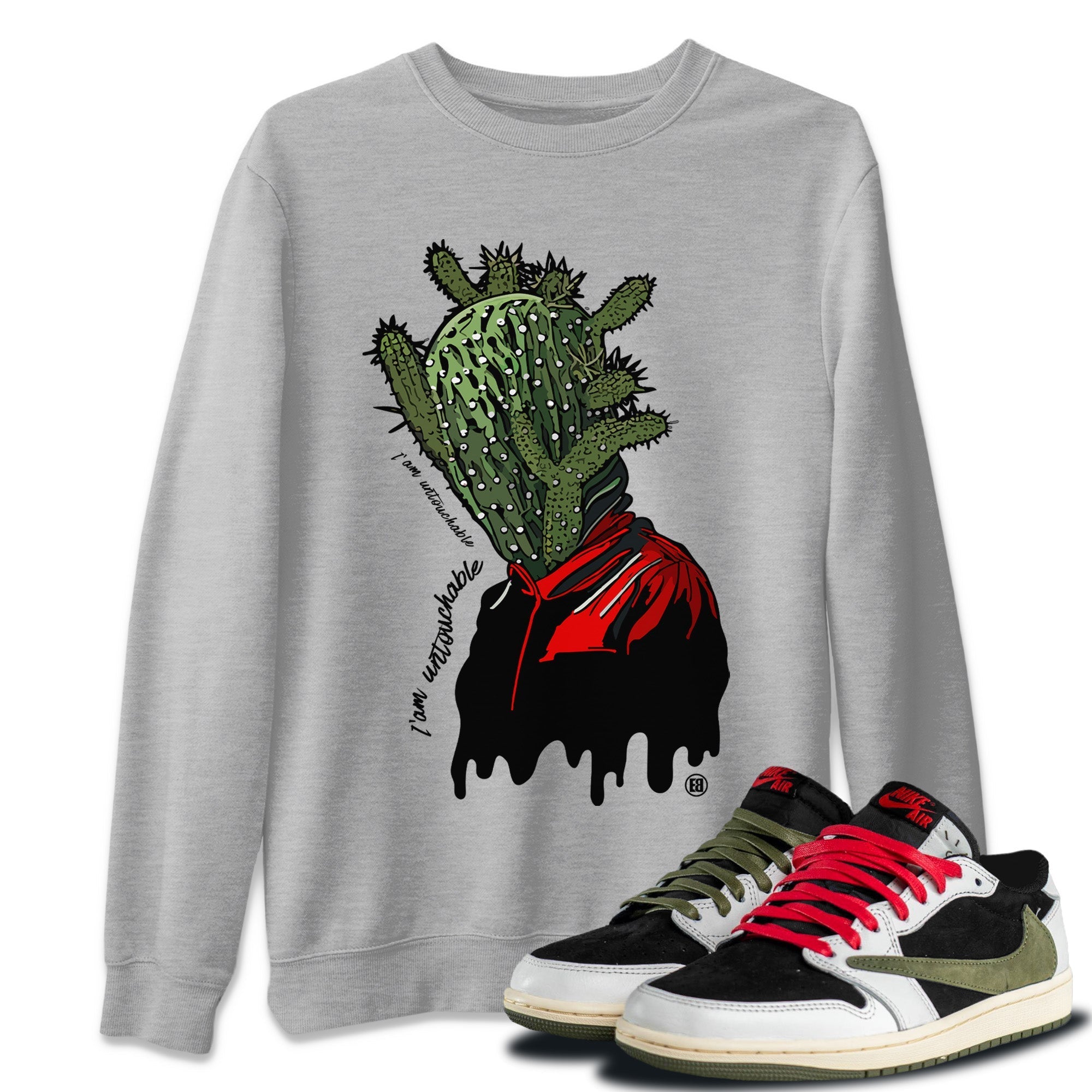 Air Jordan 1 Travis Scott Olive Sneaker Match Tees I'm Untouchable Streetwear Sneaker Shirt Air Jordan 1 x Travis Scott x Olive Sneaker Release Tees Unisex Shirts Heather Grey 1