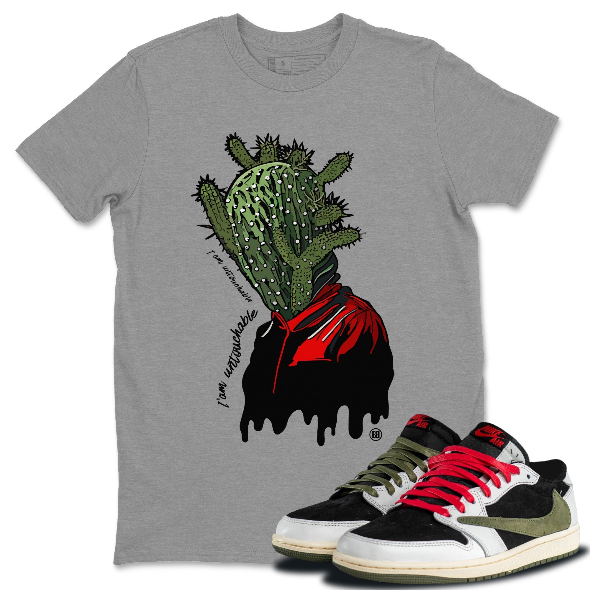Air Jordan 1 Travis Scott Olive Sneaker Match Tees I'm Untouchable Streetwear Sneaker Shirt Air Jordan 1 x Travis Scott x Olive Sneaker Release Tees Unisex Shirts Heather Grey 1
