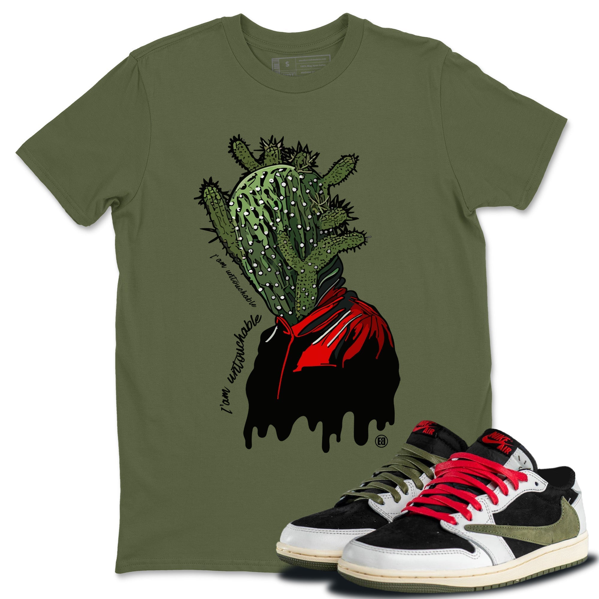 Air Jordan 1 Travis Scott Olive Sneaker Match Tees I'm Untouchable Streetwear Sneaker Shirt Air Jordan 1 x Travis Scott x Olive Sneaker Release Tees Unisex Shirts Military Green 1