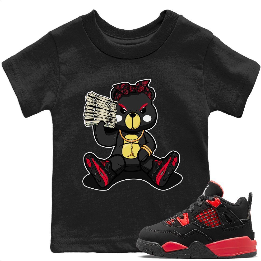 Jordan 4 Red Thunder Sneaker Matching T-Shirt Bad Baby Bear Sneaker Tees Jordan 4 Red Thunder Sneaker Release Tees Kids Shirts