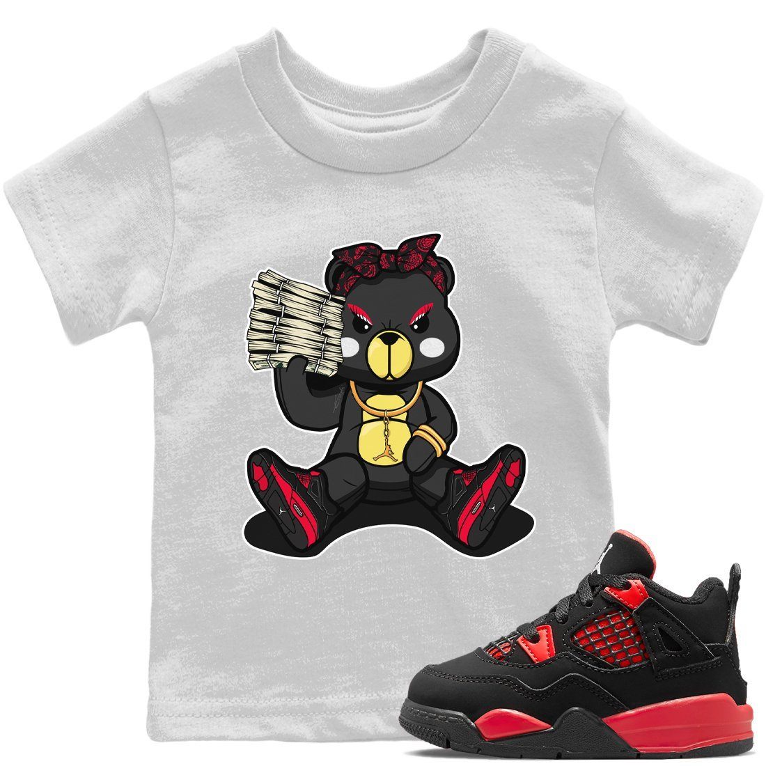 Jordan 4 Red Thunder Sneaker Matching T-Shirt Bad Baby Bear Sneaker Tees Jordan 4 Red Thunder Sneaker Release Tees Kids Shirts