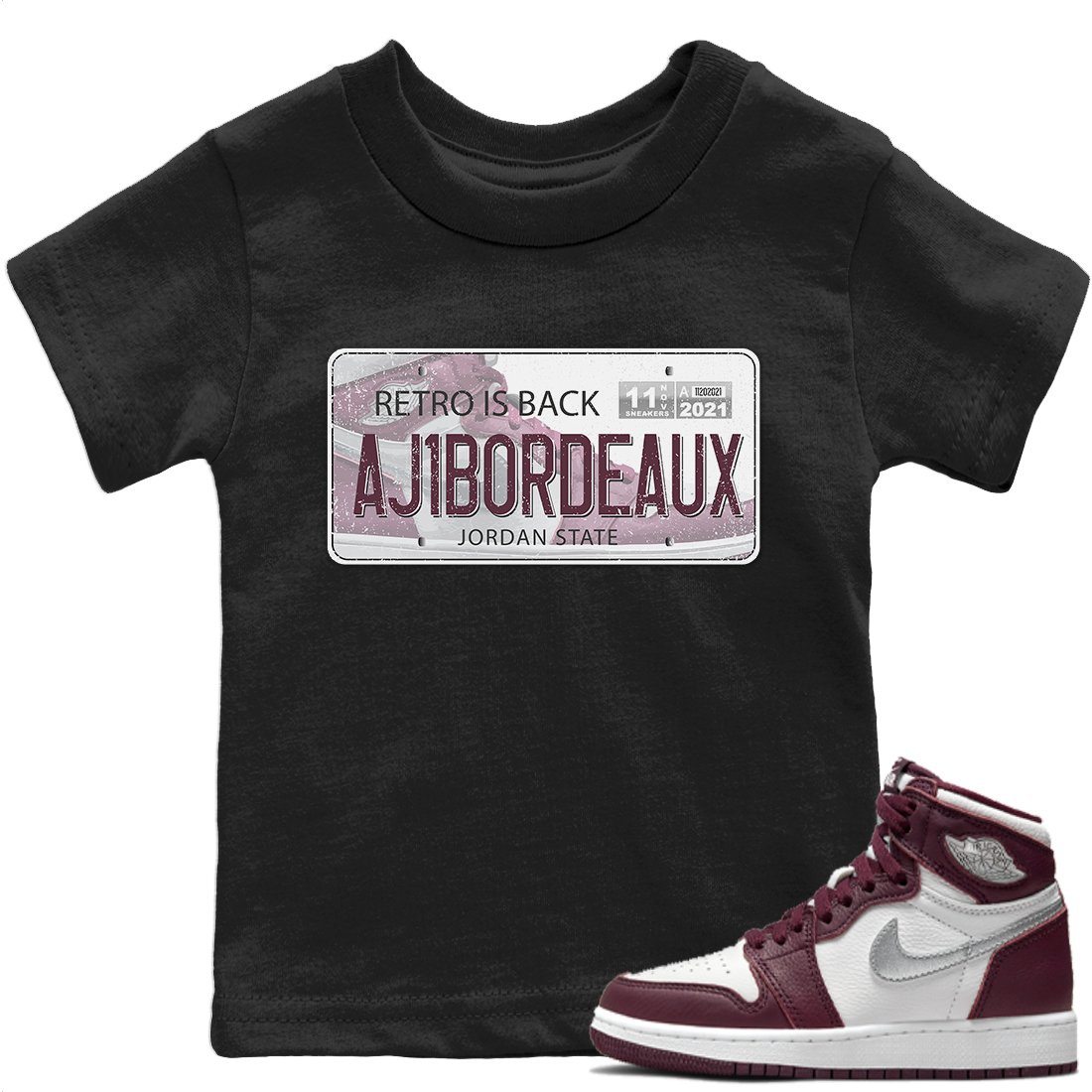 Jordan 1 Bordeaux Sneaker Matching T-Shirt Jordan Plate Sneaker Tees Jordan 1 Bordeaux Sneaker Release Tees Kids Shirts