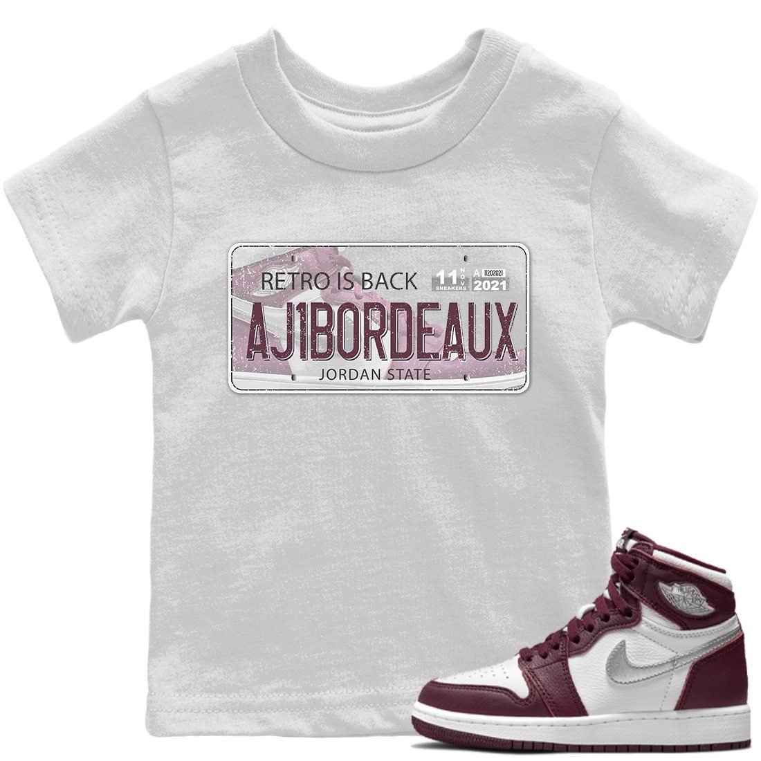 Jordan 1 Bordeaux Sneaker Matching T-Shirt Jordan Plate Sneaker Tees Jordan 1 Bordeaux Sneaker Release Tees Kids Shirts