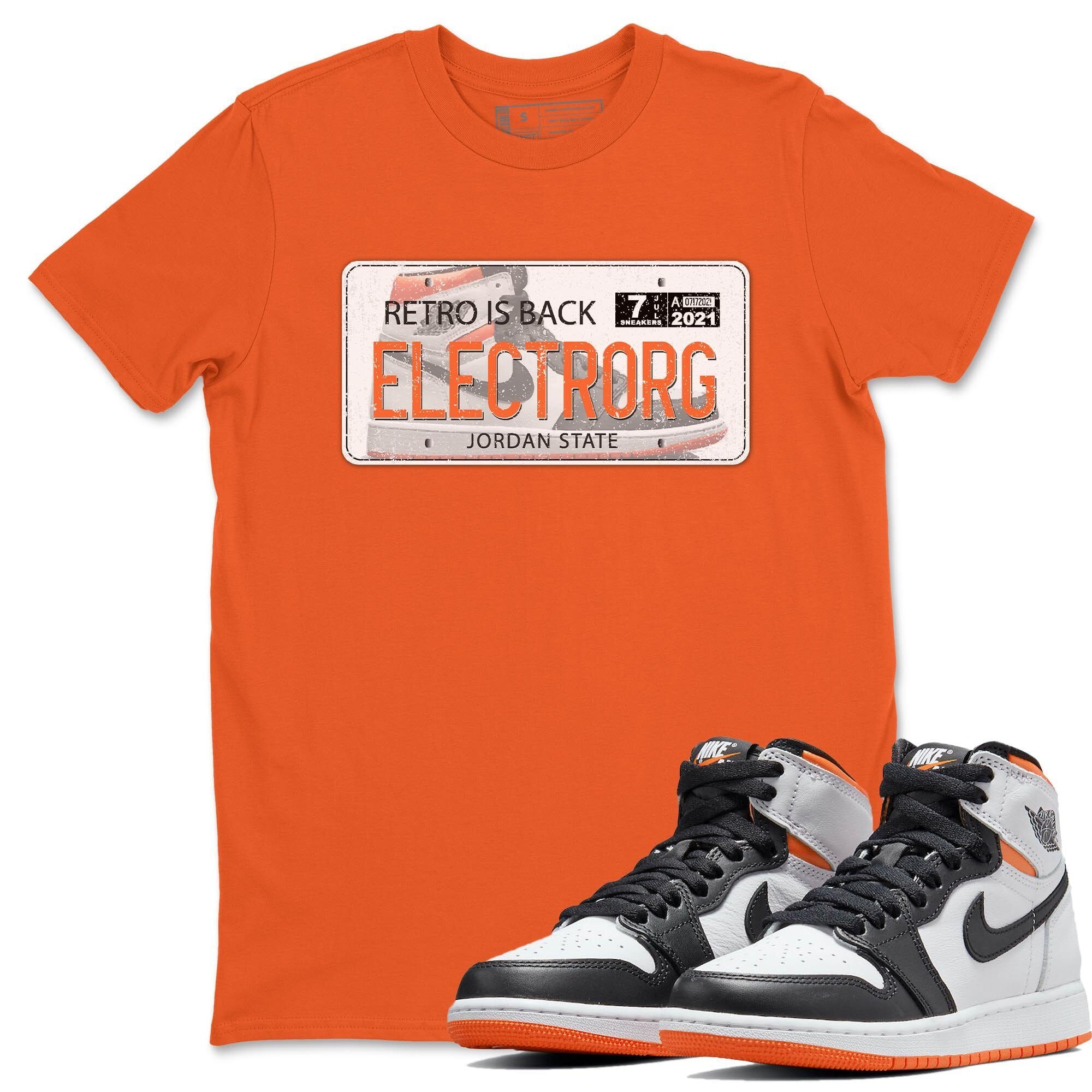 Jordan 1 Electro Orange Sneaker Matching T-Shirt Jordan Plate Sneaker Tees Jordan 1 Electro Orange Sneaker Release Tees Crew Neck Tees
