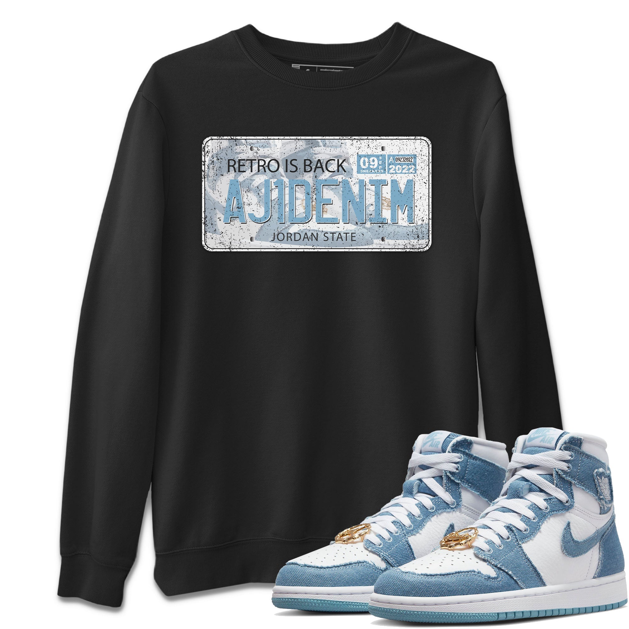 Jordan 1 Denim Sneaker Matching T-Shirt Jordan Plate Sneaker Tees Jordan 1 Denim Sneaker Release Tees Crew Neck Tees