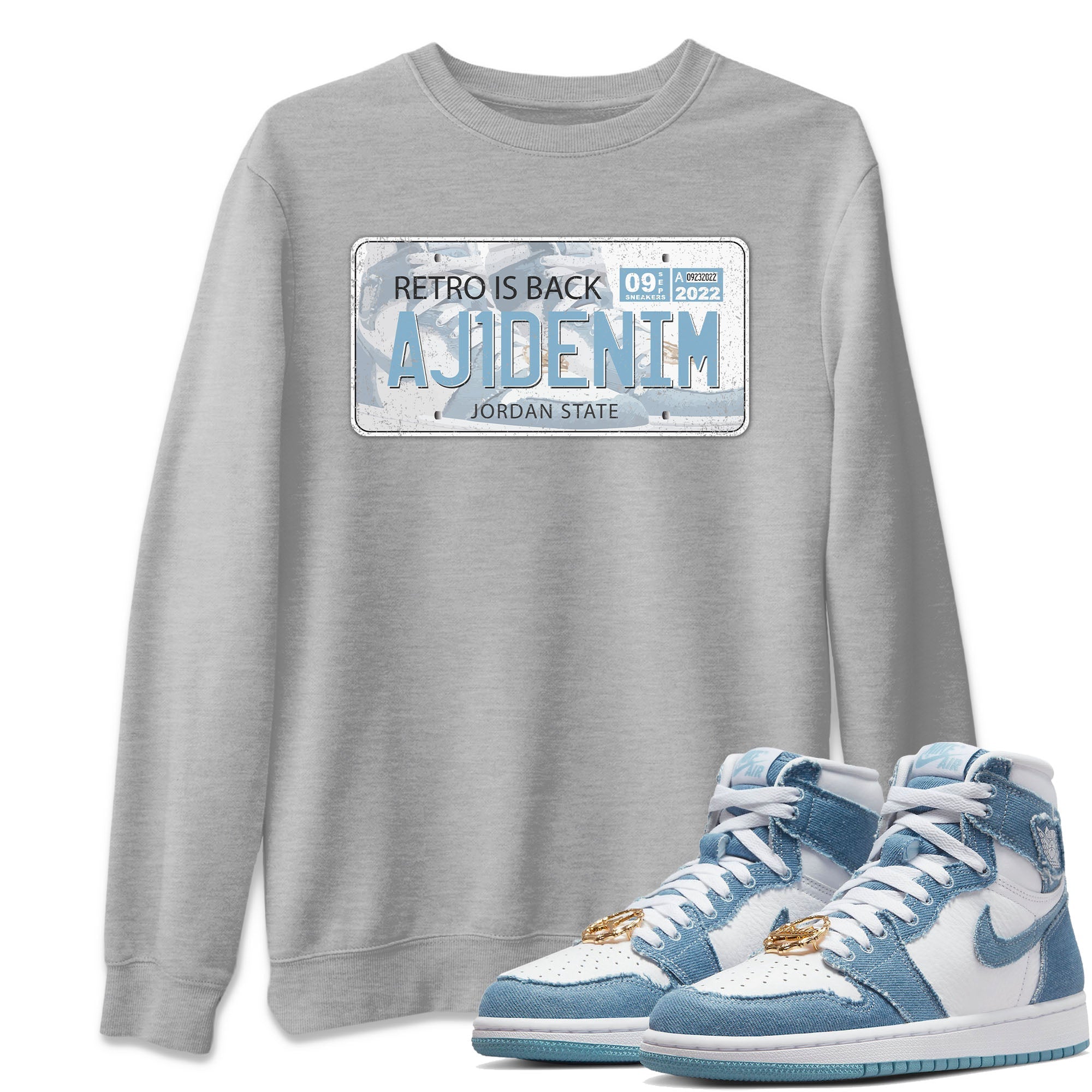 Jordan 1 Denim Sneaker Matching T-Shirt Jordan Plate Sneaker Tees Jordan 1 Denim Sneaker Release Tees Crew Neck Tees