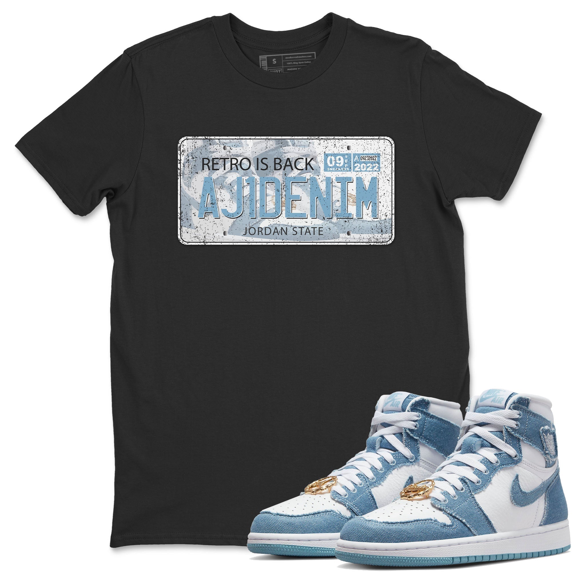 Jordan 1 Denim Sneaker Matching T-Shirt Jordan Plate Sneaker Tees Jordan 1 Denim Sneaker Release Tees Crew Neck Tees