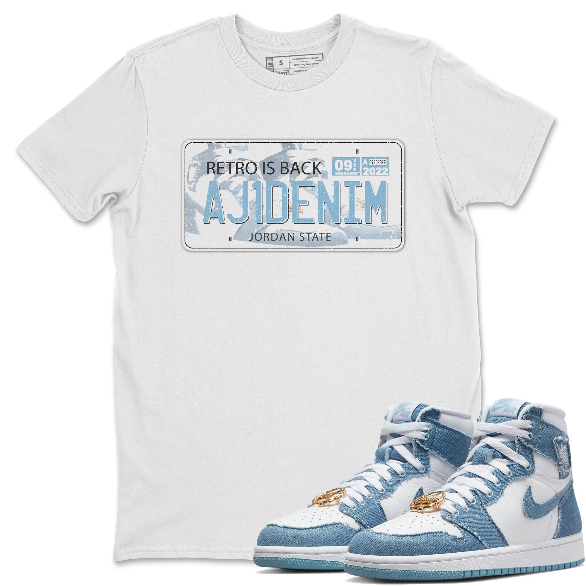 Jordan 1 Denim Sneaker Matching T-Shirt Jordan Plate Sneaker Tees Jordan 1 Denim Sneaker Release Tees Crew Neck Tees