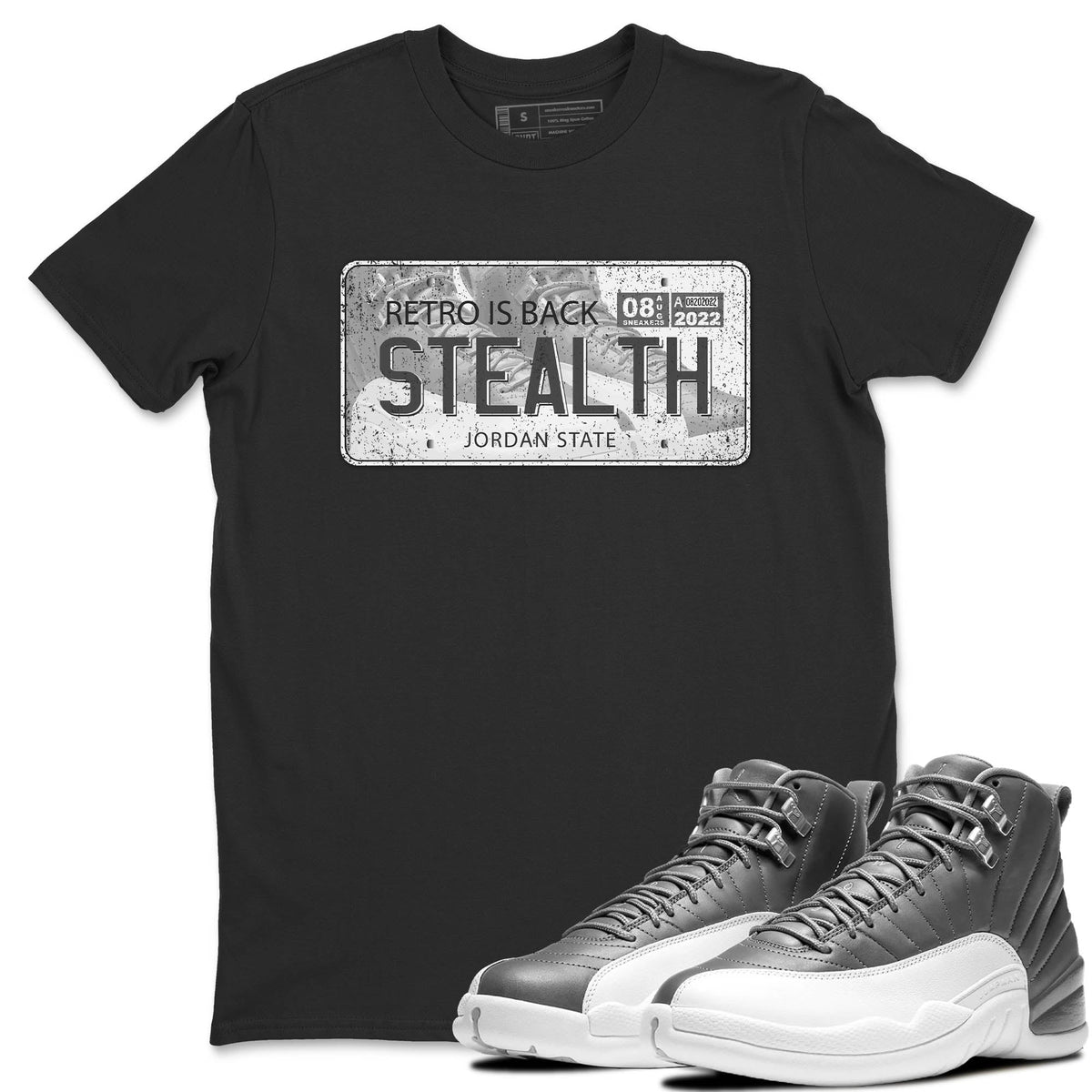 Jordan 12 Stealth Sneaker Matching T-Shirt Jordan Plate Sneaker Tees Jordan 12 Stealth Sneaker Release Tees Crew Neck Tees