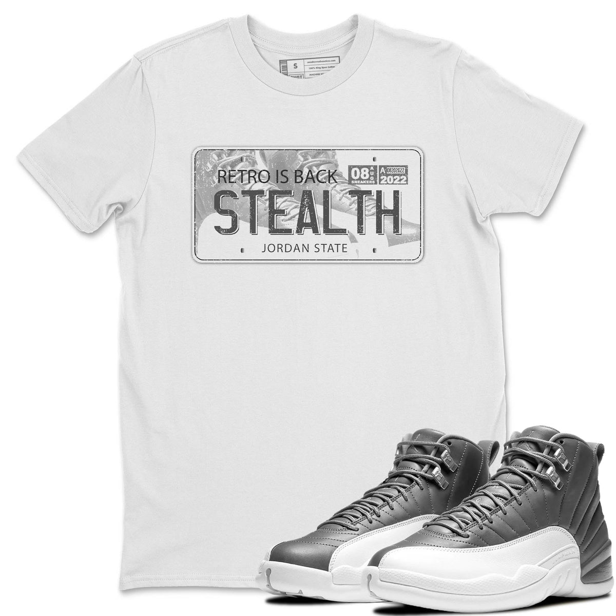 Jordan 12 Stealth Sneaker Matching T-Shirt Jordan Plate Sneaker Tees Jordan 12 Stealth Sneaker Release Tees Crew Neck Tees