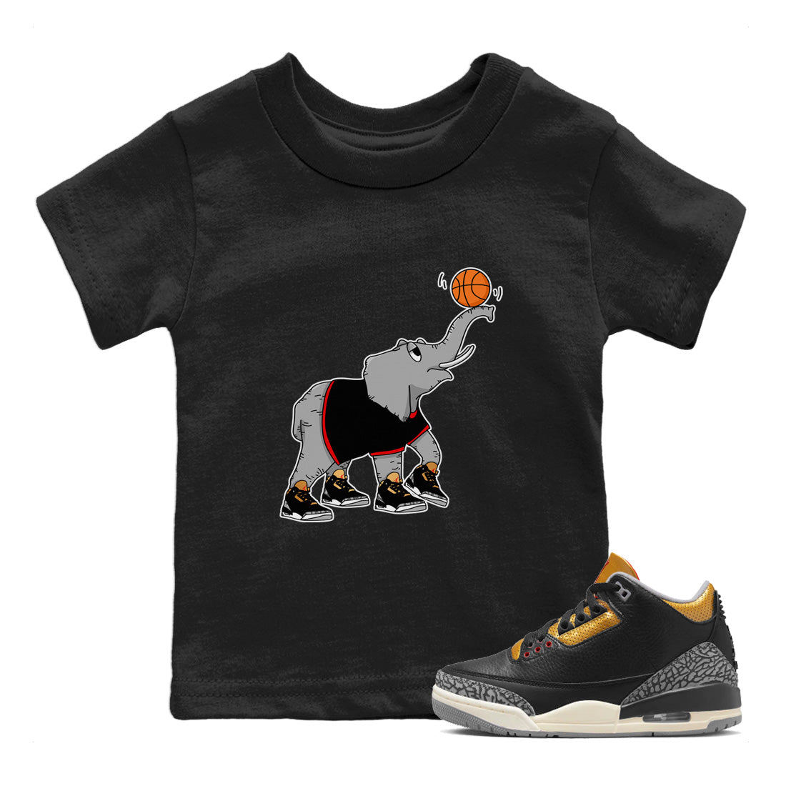Jordan 3 Black Gold Sneaker Matching T-Shirt Juggling Elephant Sneaker Tees Jordan 3 Black Gold Sneaker Release Tees Kids Shirts