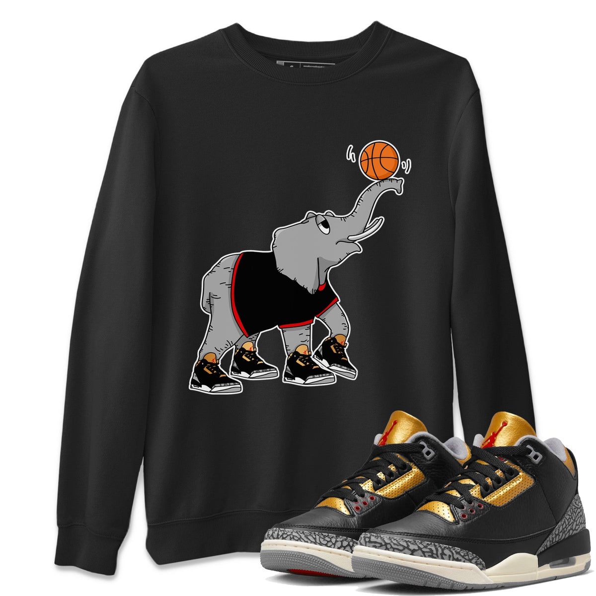 Jordan 3 Black Gold Sneaker Matching T-Shirt Juggling Elephant Sneaker Tees Jordan 3 Black Gold Sneaker Release Tees Crew Neck Tees