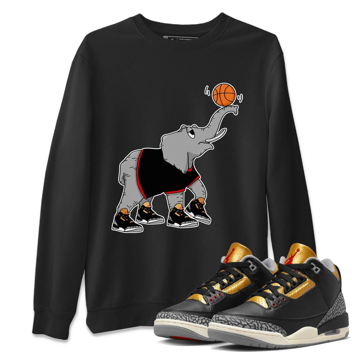 Jordan 3 Black Gold Sneaker Matching T-Shirt Juggling Elephant Sneaker Tees Jordan 3 Black Gold Sneaker Release Tees Crew Neck Tees