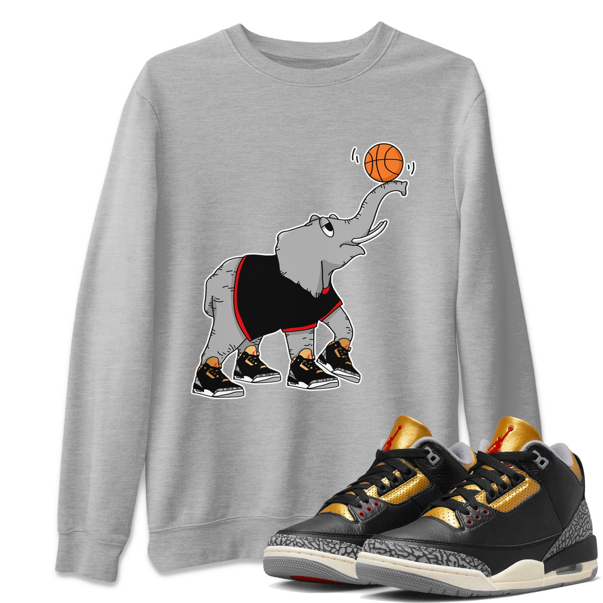 Jordan 3 Black Gold Sneaker Matching T-Shirt Juggling Elephant Sneaker Tees Jordan 3 Black Gold Sneaker Release Tees Crew Neck Tees
