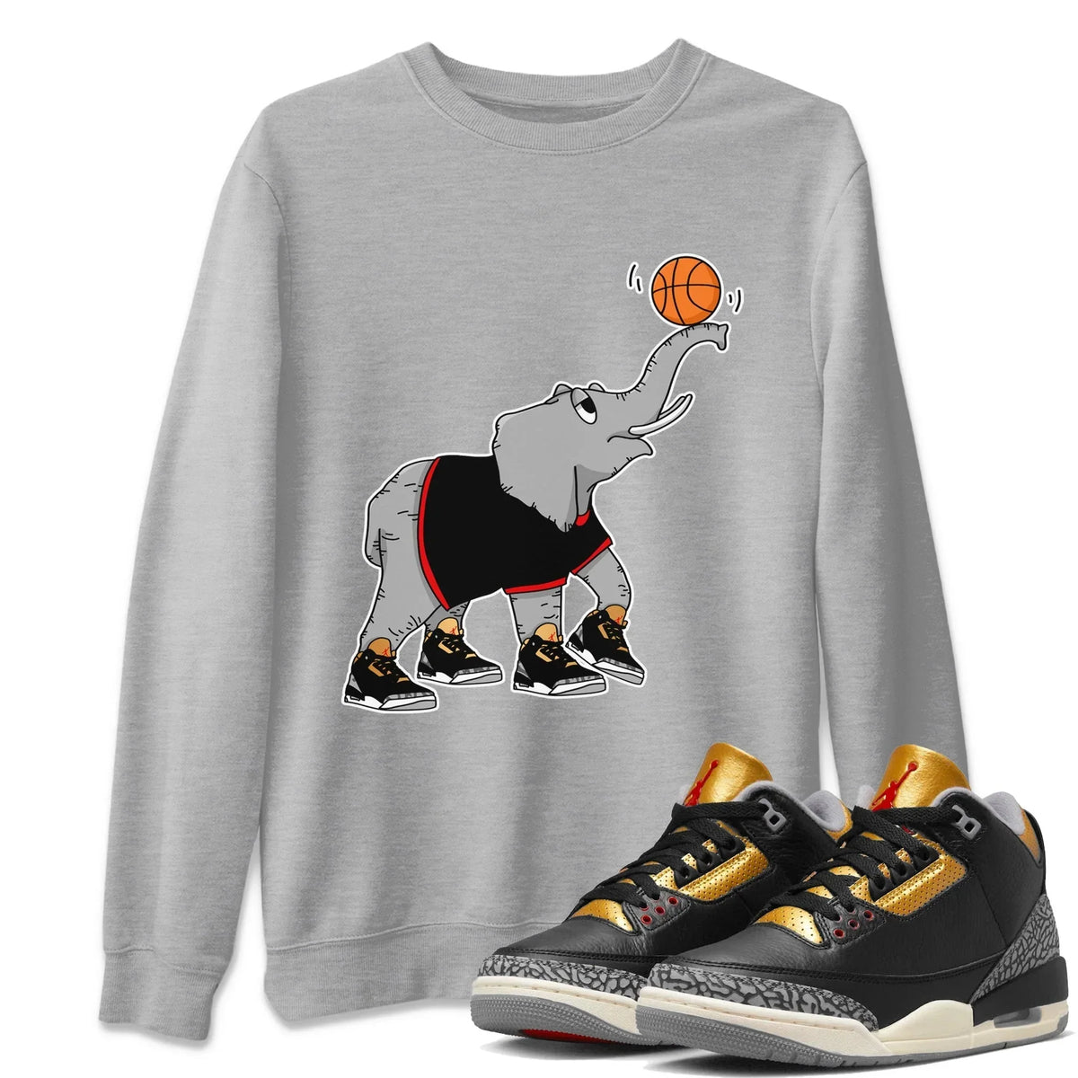 Jordan 3 Black Gold Sneaker Matching T-Shirt Juggling Elephant Sneaker Tees Jordan 3 Black Gold Sneaker Release Tees Crew Neck Tees