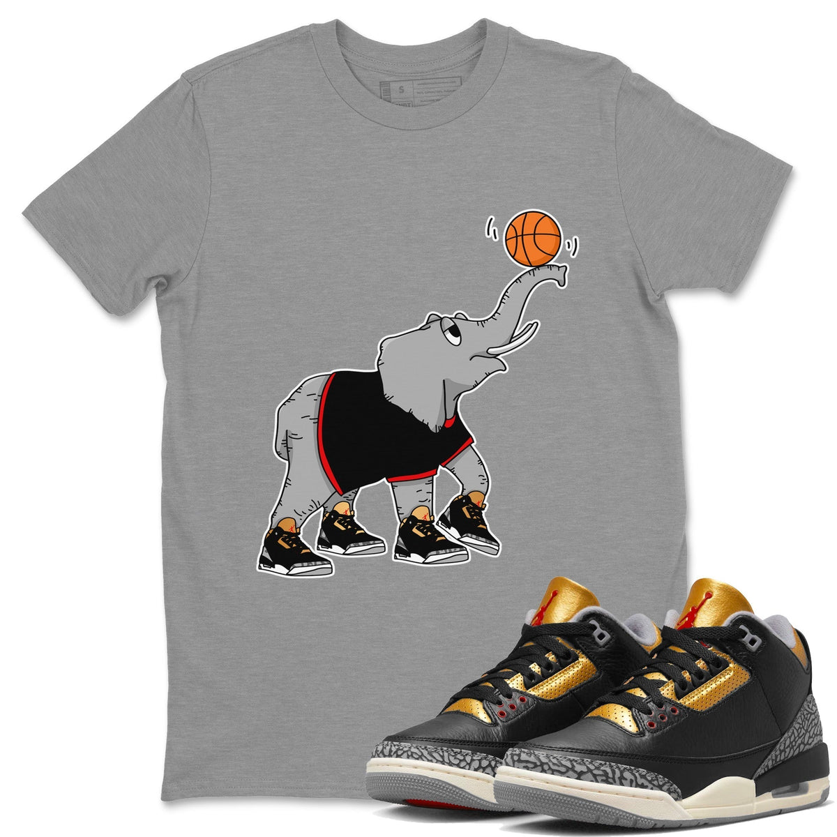 Jordan 3 Black Gold Sneaker Matching T-Shirt Juggling Elephant Sneaker Tees Jordan 3 Black Gold Sneaker Release Tees Crew Neck Tees