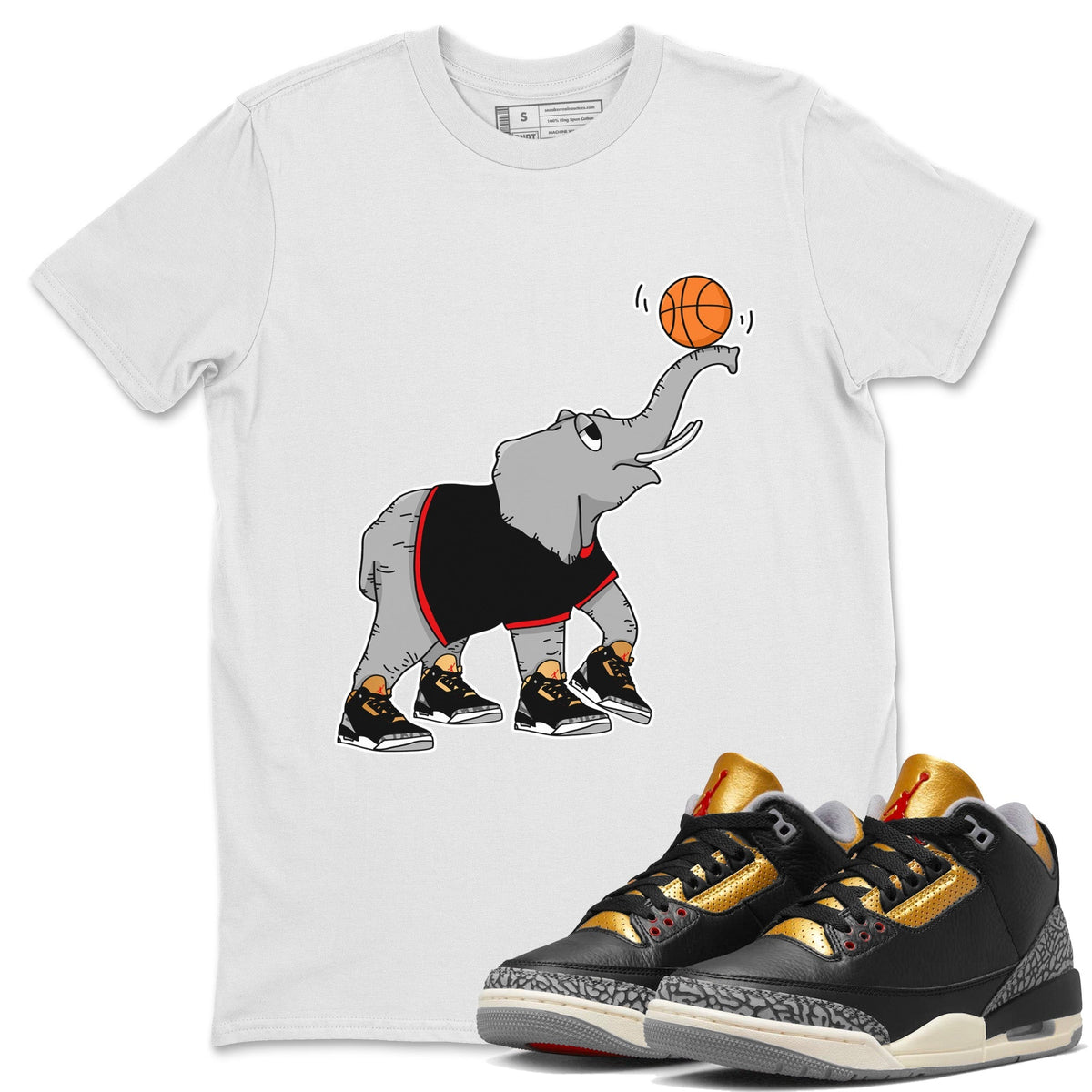 Jordan 3 Black Gold Sneaker Matching T-Shirt Juggling Elephant Sneaker Tees Jordan 3 Black Gold Sneaker Release Tees Crew Neck Tees