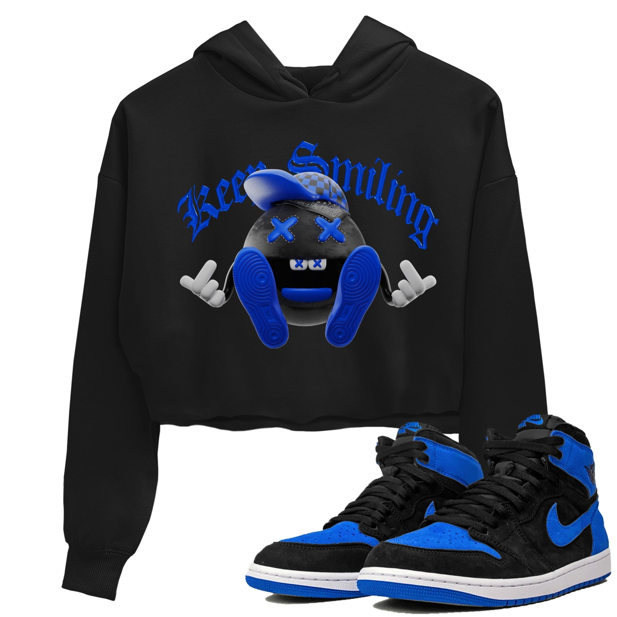 Air Jordan 1 Royal Reimagined shirt to match jordans Keep Smiling sneaker tees AJ1 OG HIGH Royal Reimagined Drip Gear Zone Black 1 Crop T-Shirt
