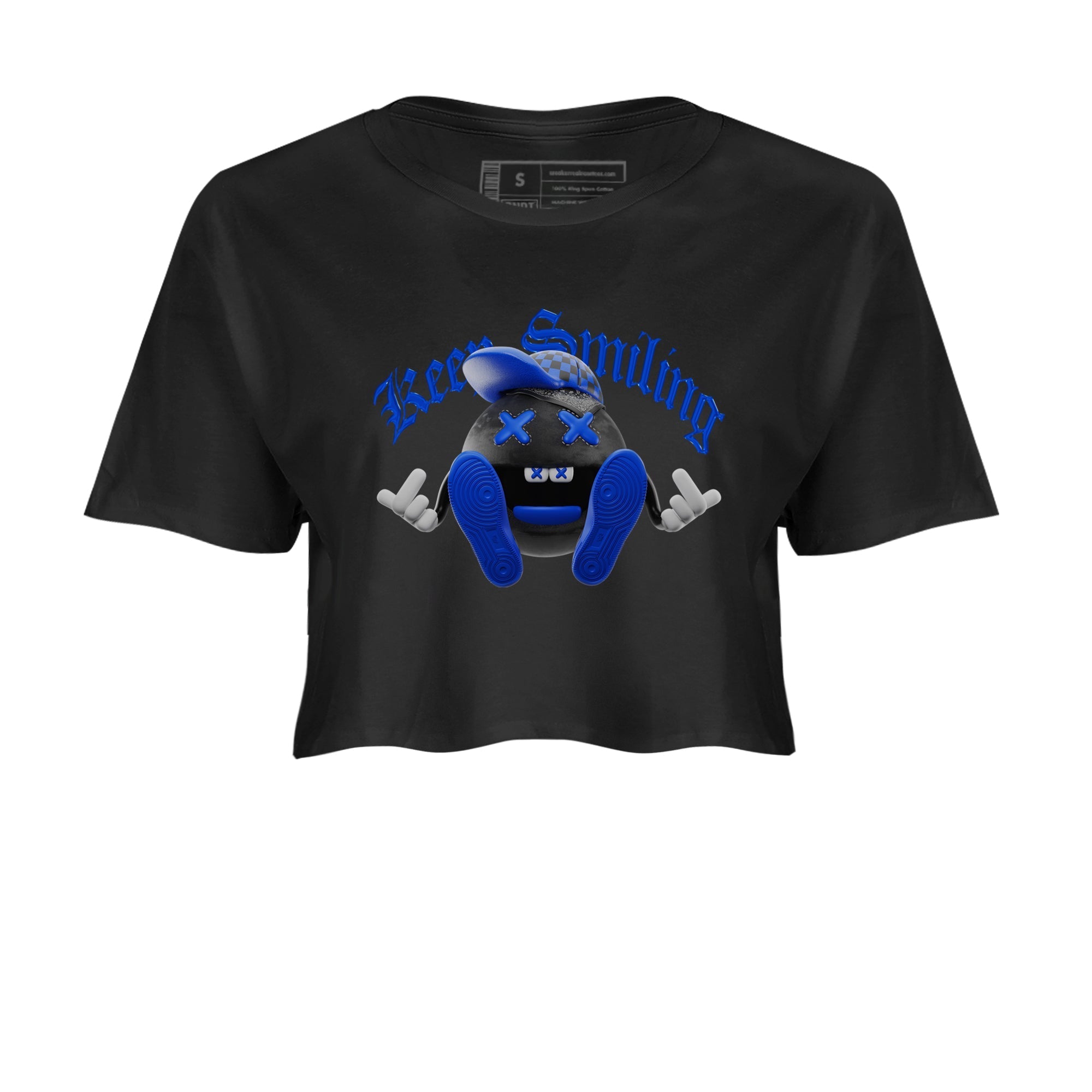 Air Jordan 1 Royal Reimagined shirt to match jordans Keep Smiling sneaker tees AJ1 OG HIGH Royal Reimagined Drip Gear Zone Black 2 Crop T-Shirt