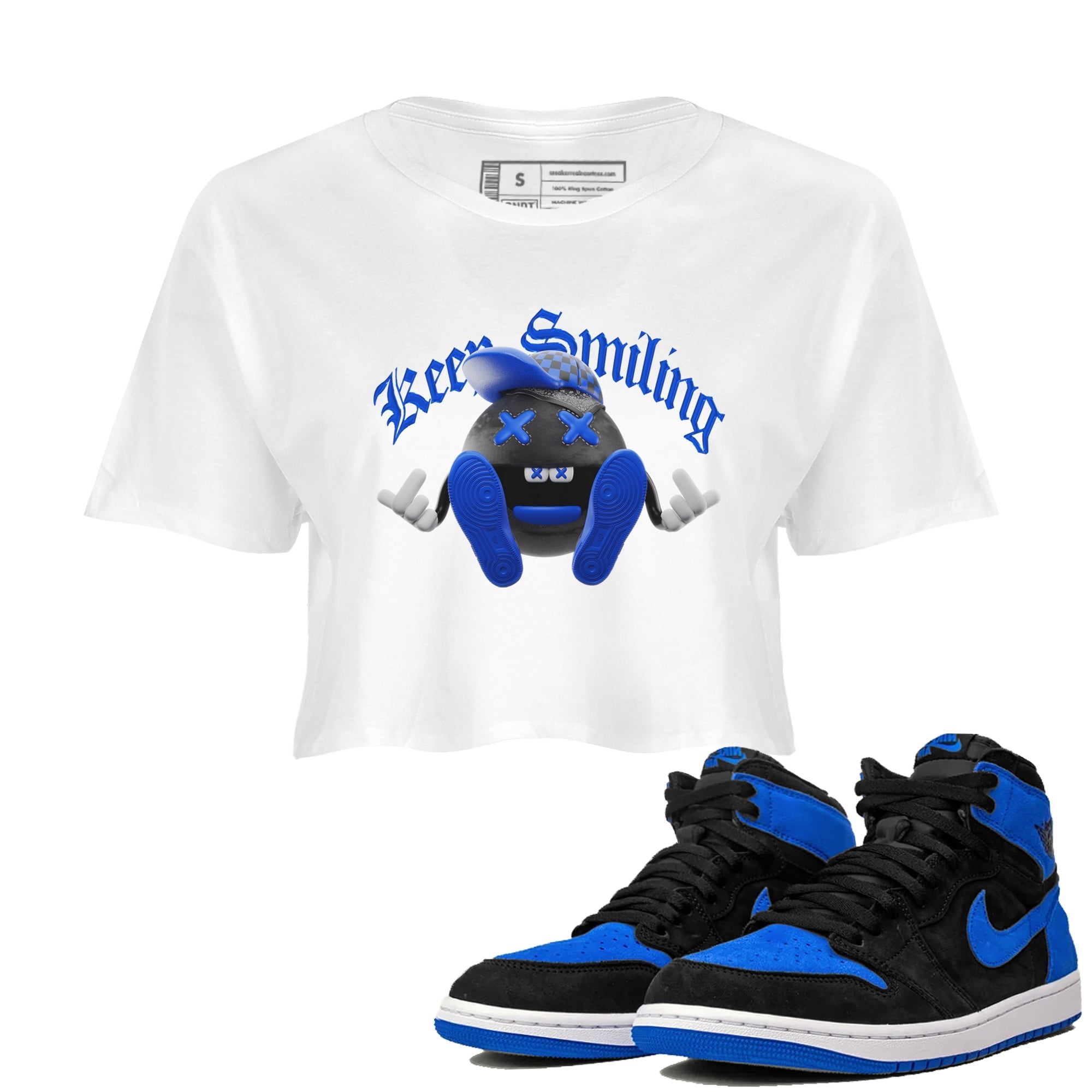 Air Jordan 1 Royal Reimagined shirt to match jordans Keep Smiling sneaker tees AJ1 OG HIGH Royal Reimagined Drip Gear Zone White 1 Crop T-Shirt