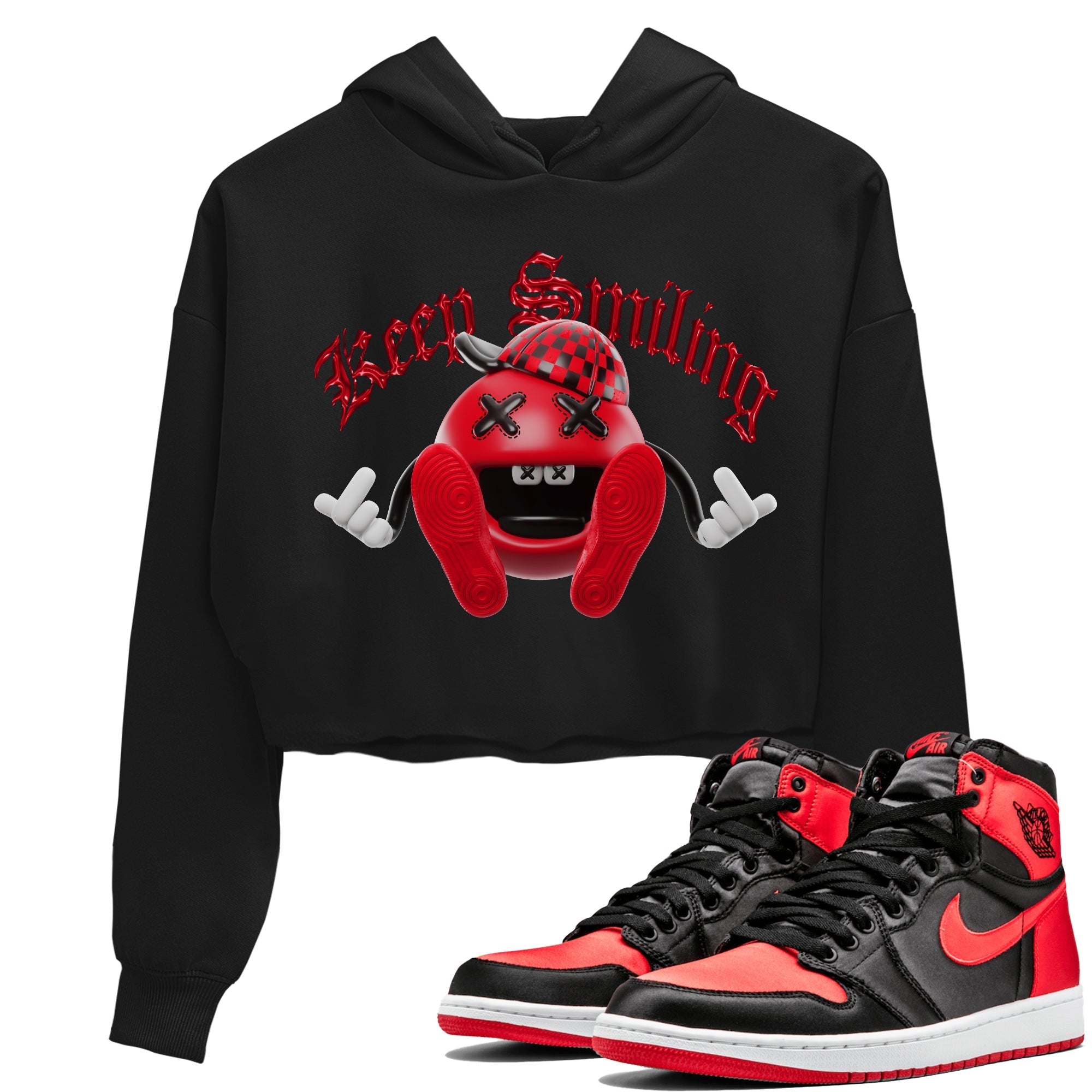 Air Jordan 1 Satin Bred Sneaker Match Tees Keep Smiling Sneaker Tees AJ1 Satin Bred Sneaker Release Tees Women's Shirts Black 1