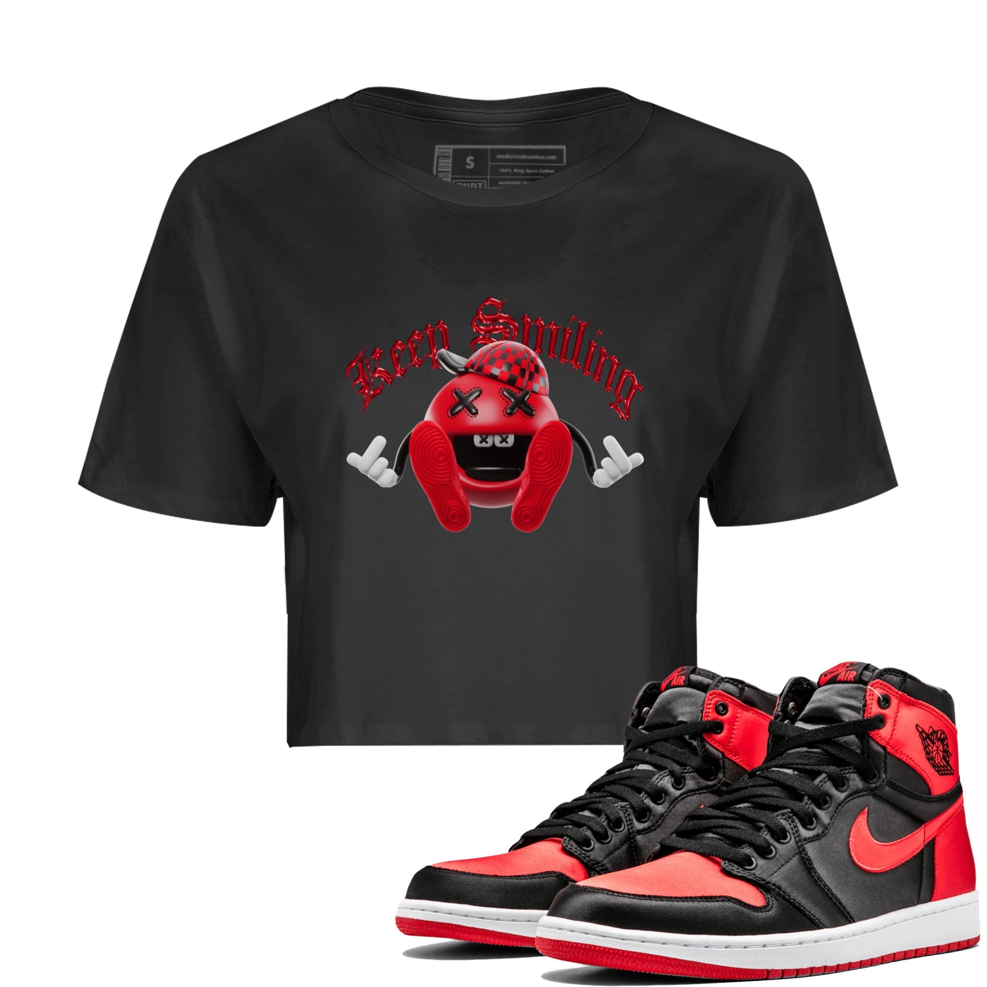 Air Jordan 1 Satin Bred Sneaker Match Tees Keep Smiling Sneaker Tees AJ1 Satin Bred Sneaker Release Tees Women's Shirts Black 1